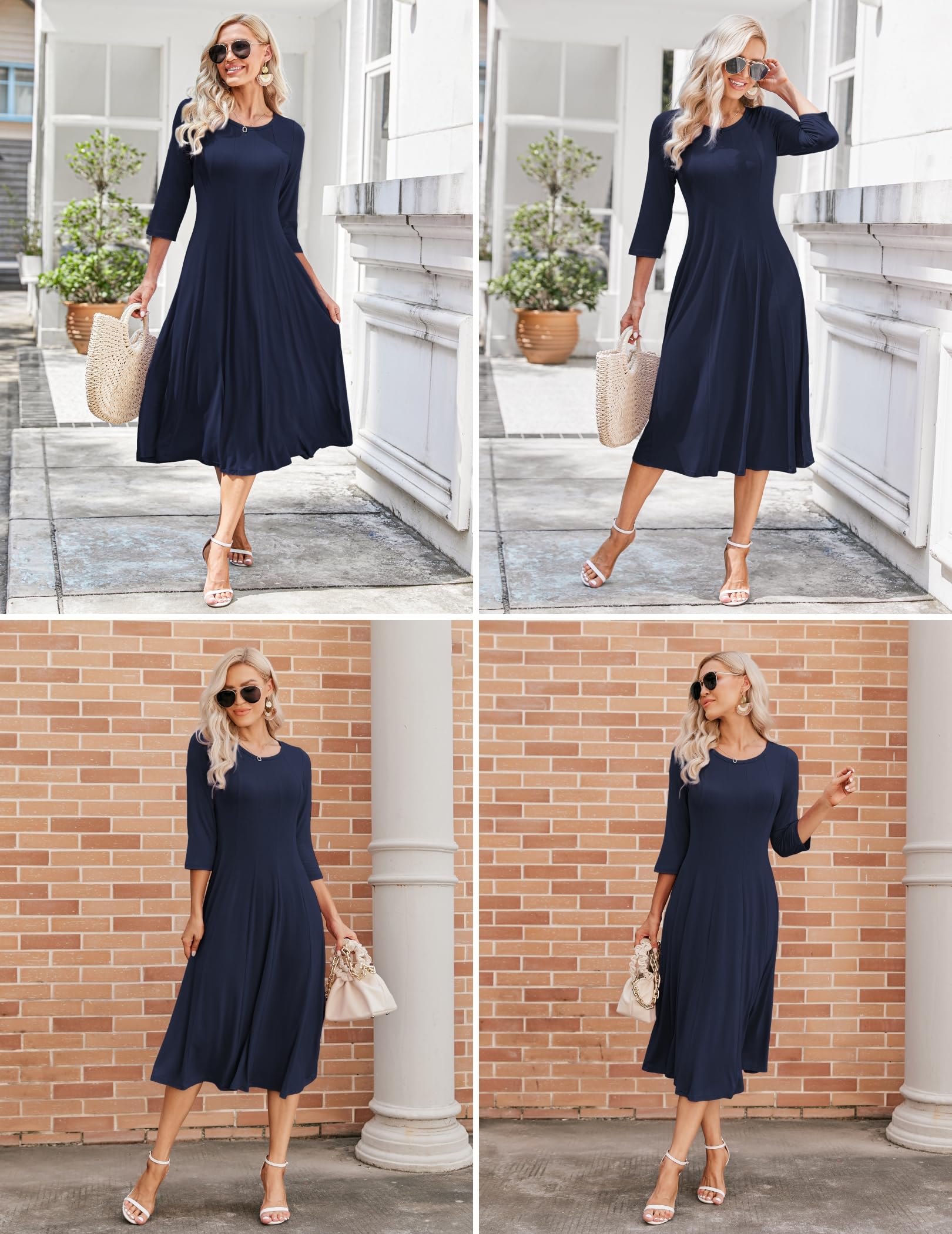 Hotouch Dress Women Elegant Casual Dresses 3/4 Sleeve A Line Mididress Classic Round Neck Tunic with Pockets