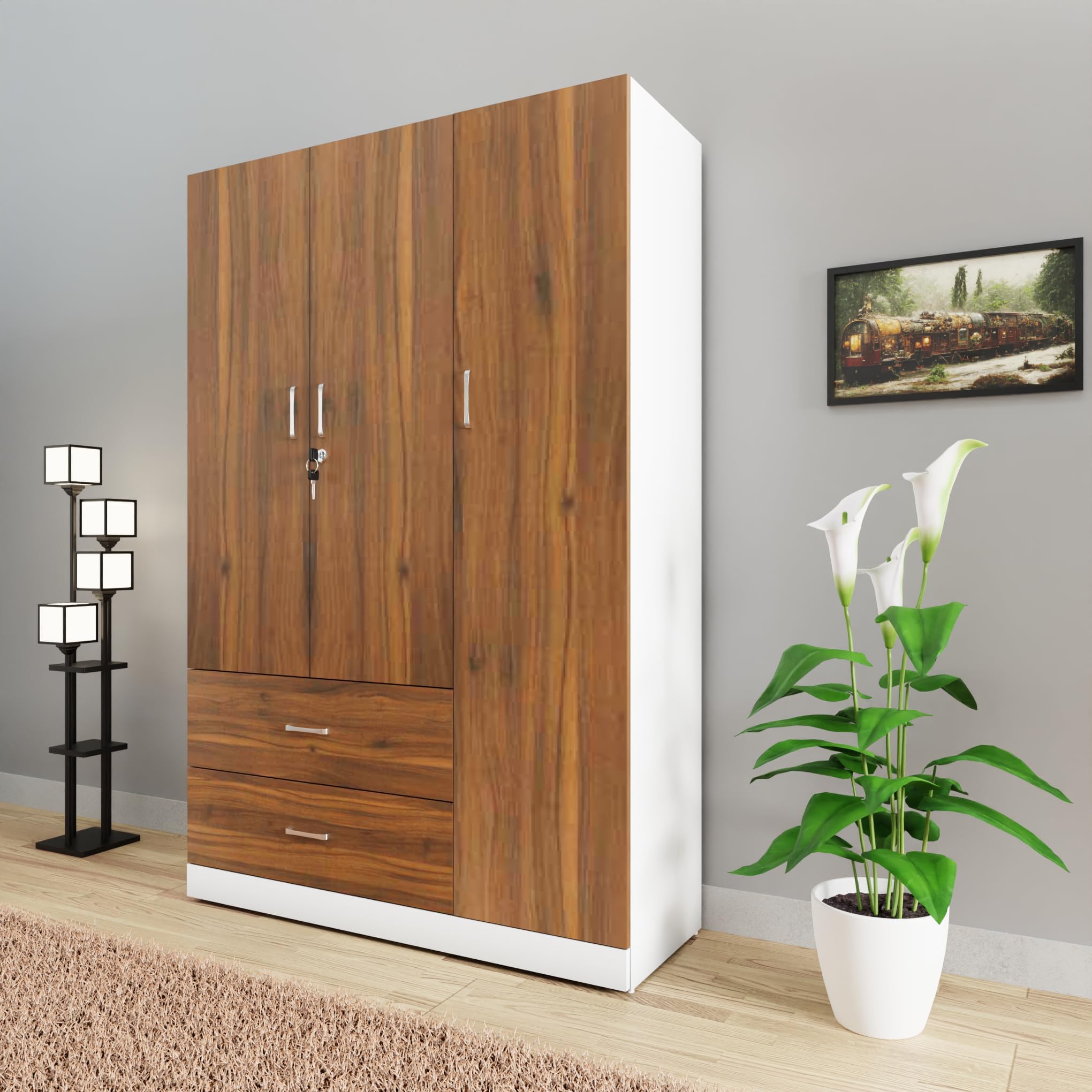 VIKI Wardrobe | Wooden Almirah for Clothes,Door for Bedroom, 3 Door Wardrobe with Drawer & Hanging Space (Frosty White, Brussel Walnut - 40D x 120W x 180H) | 1 Year Warranty | Free Assembly