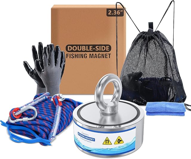 Fishing Magnet Kit, 800 lbs Pulling Force Strong Neodymium, Double Sided Magnet Fishing Set with Rope, Gloves, Hook, Threadlocker for Retrieving, Salvage, Treasure Hunting in Rivers, Ni-Cu-Ni coating