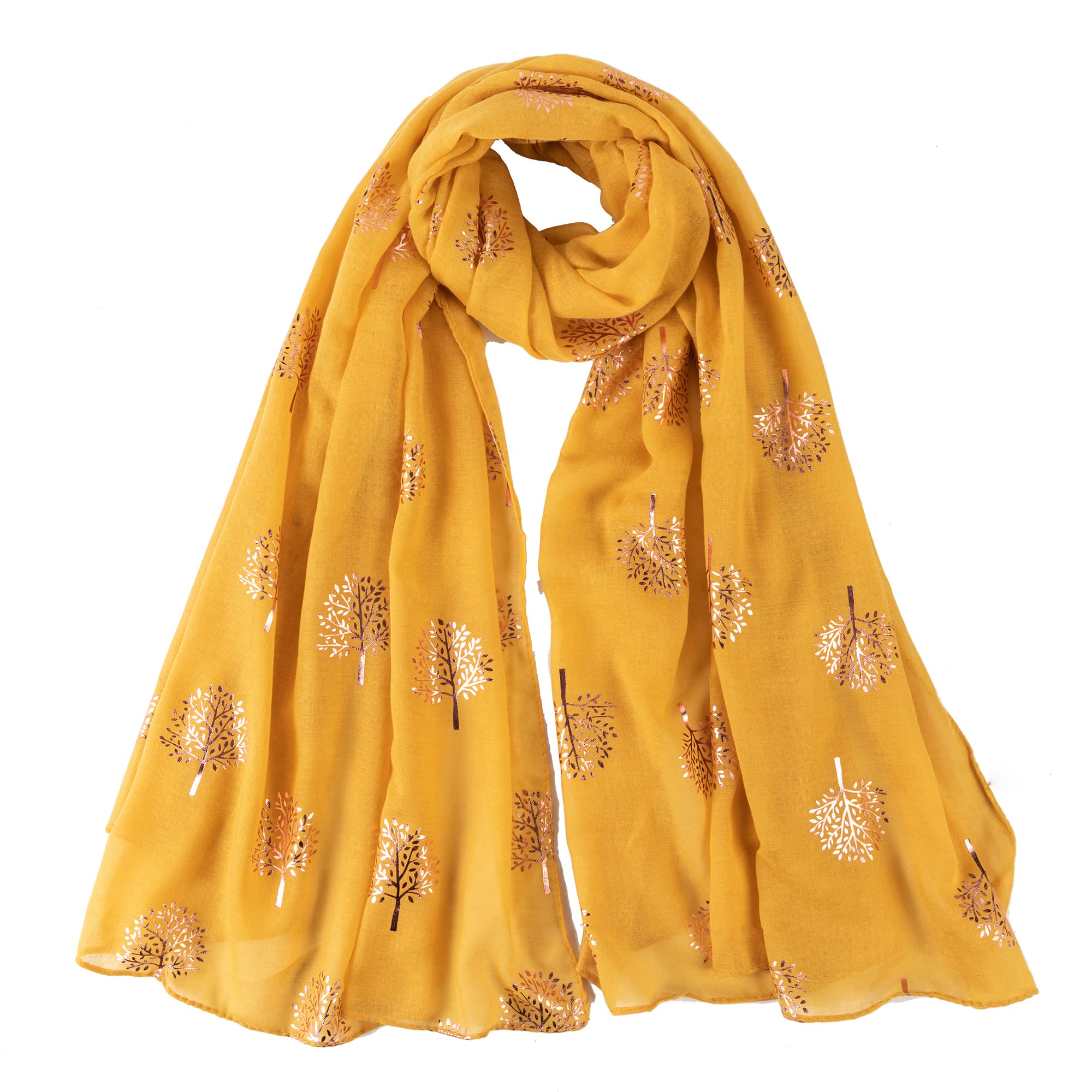 London Scarfs Women's Mustard Glitter Mulberry Trees Scarf Foil Printed Tree Fashion Wrap (Mustard)
