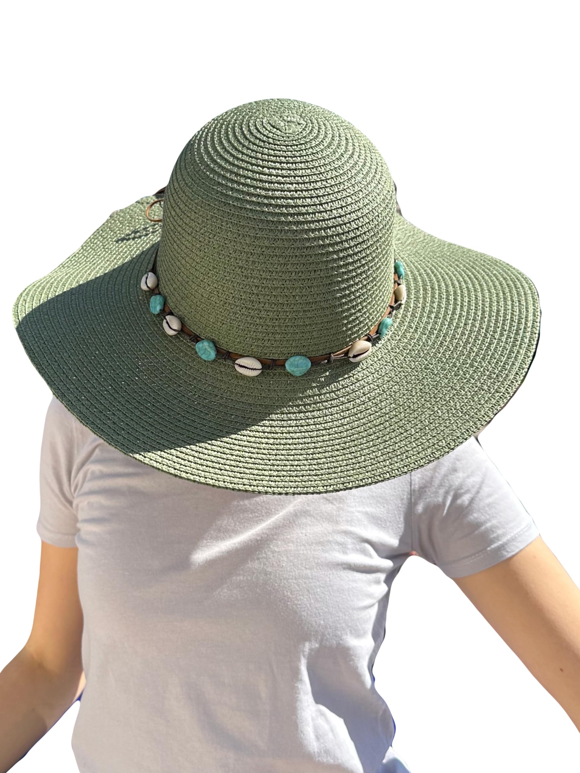 MIGURA Sombrero Verde Mujer De Paja Protección Solar Panama Pamela Playa Verano Esparto Gorra para Sol Visera Enrollable con Lazo cde Conchas Azul y Blanco
