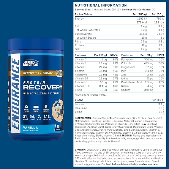 Applied Nutrition Endurance - Post Exercise Recovery Drink, Protein Powder with Carbohydrates Electrolytes BCAAs Vitamins & Minerals (1.5kg - 30 Servings) (Vanilla)