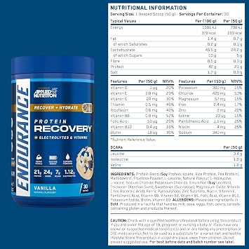 Applied Nutrition Endurance - Post Exercise Recovery Drink, Protein Powder with Carbohydrates Electrolytes BCAAs Vitamins & Minerals (1.5kg - 30 Servings) (Vanilla)