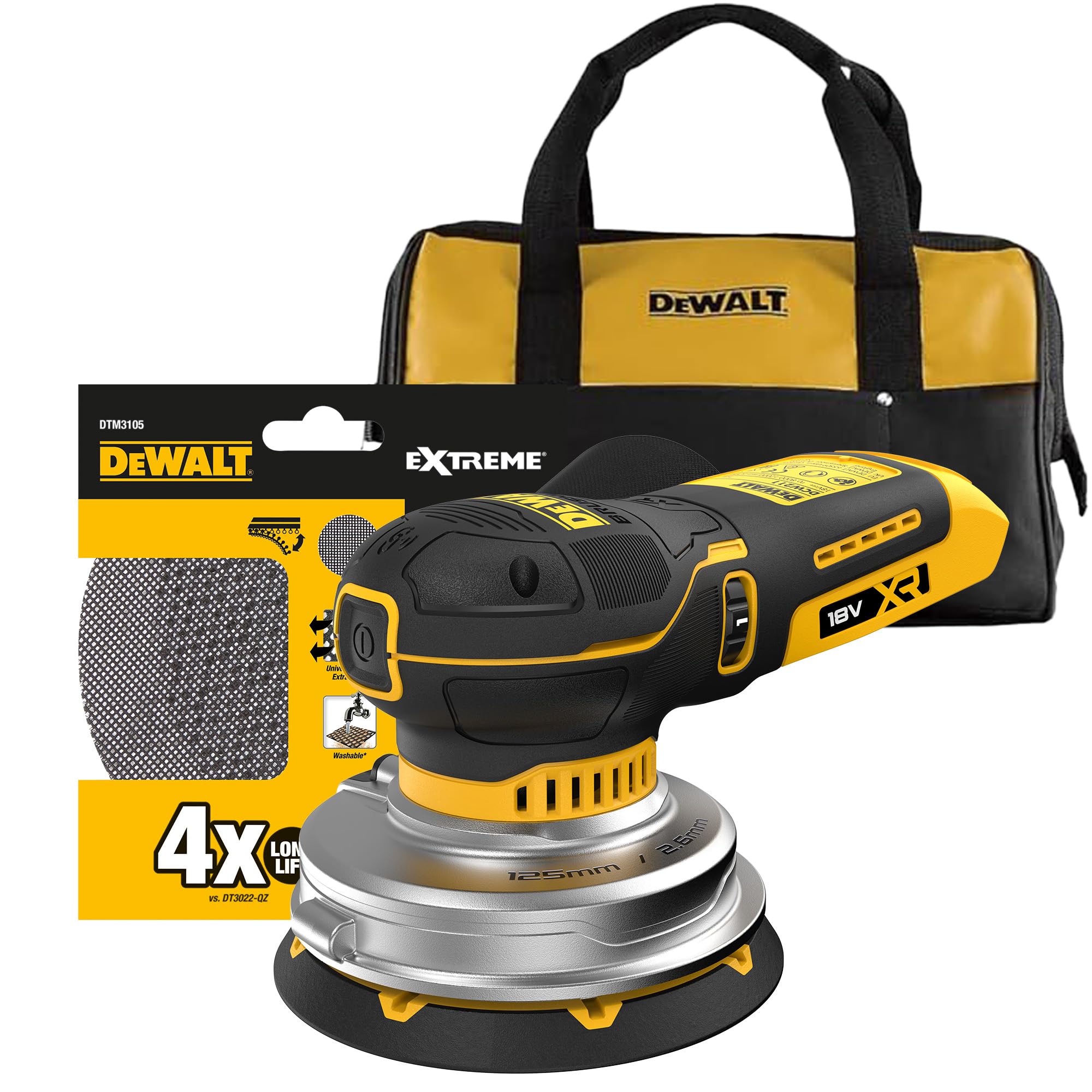 DEWALT Levigatrice roto-orbitale 18V XR BL 125mm con borsa morbida e 1 confezione di dischi abrasivi, DCW211KN-XJ