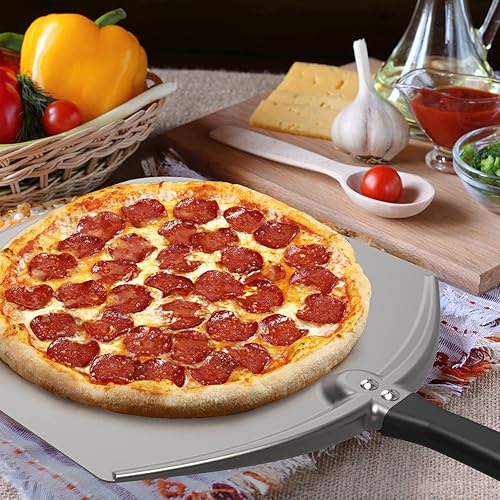 Miniatura 8 de Q Pizza Pala de aluminio para pizza, paleta de torneado de pizza de metal de 12 pulgadas para horno de parrilla, espátula de pizza para hornear pan,