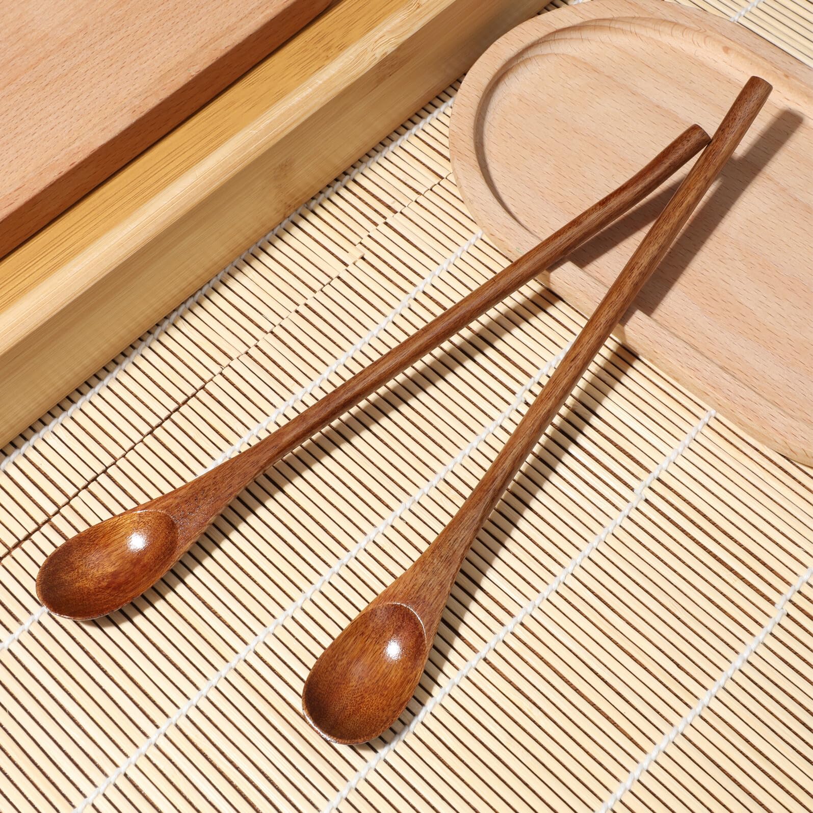 Homoyoyo Cucharas De Madera De Mango Largo Para Café y Miel, Estilo Japonés, Tamaño Pequeño, Madera Nanmu Natural, Para Postres y Aperitivos, Paquete De 2 Piezas, Uso Cocina y Bebidas