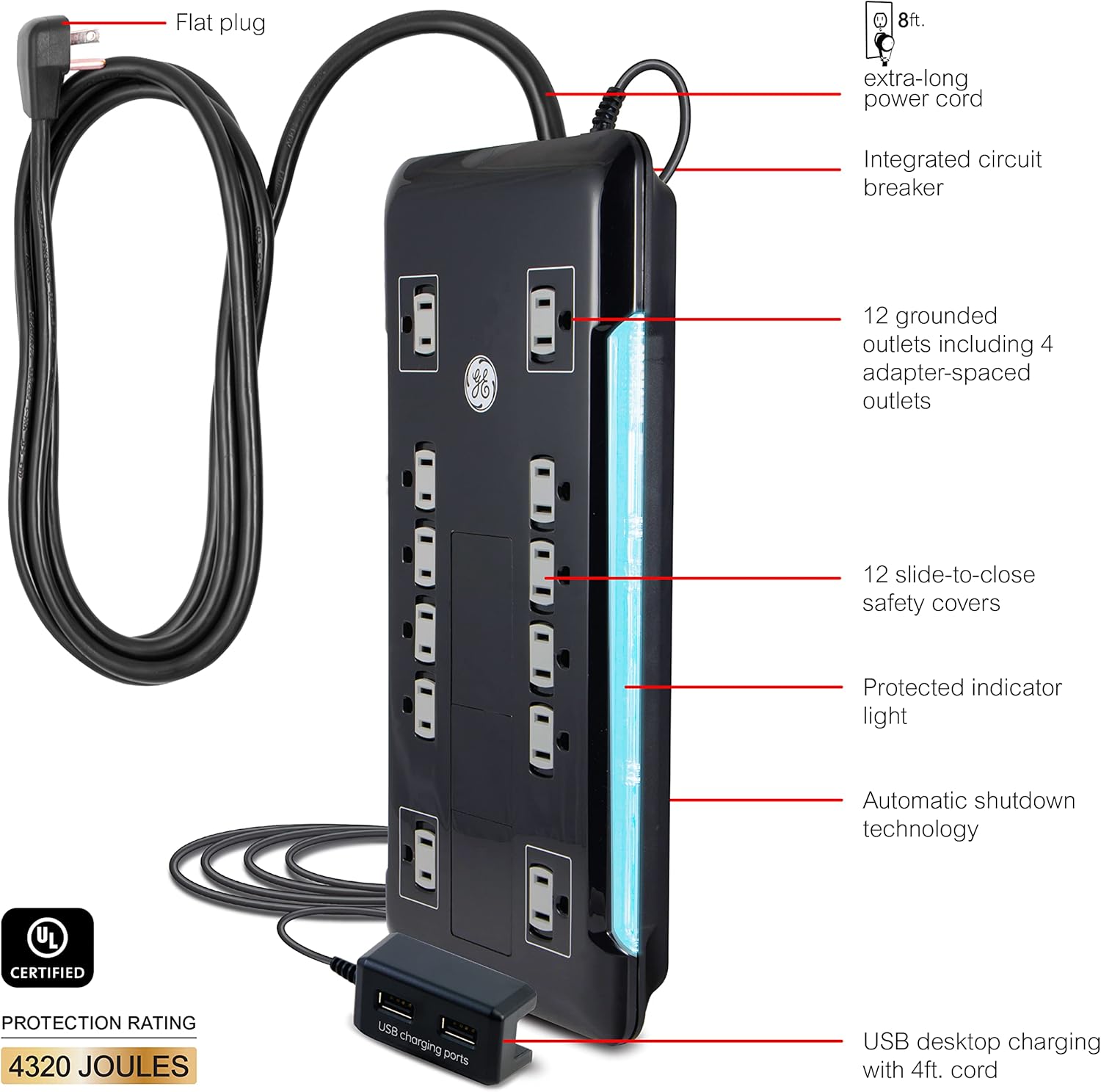 GE UltraPro 12 Outlet Surge Protector, Tethered 2 USB Ports, 8 Ft Power Cord, 4320 Joules, Flat Plug, Power Filter, Circuit Breaker, Warranty, UL Listed, Black, 11824 : Electronics