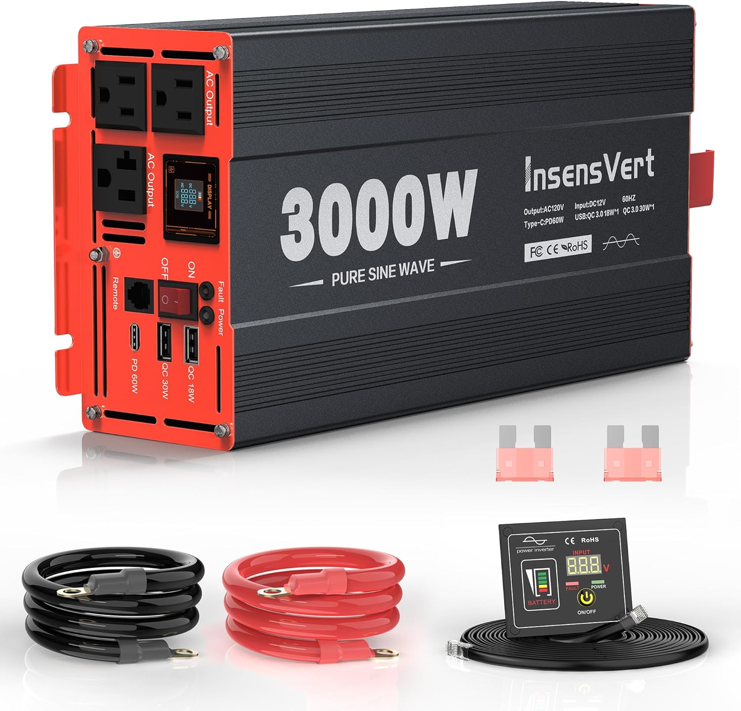 3000 Watt Pure Sine Wave Power Inverter DC 12V to 120V AC, with 2 AC,18W USB, and 30W Type-C Charging Ports, Car Solar Power Inverters with LCD Display for Home RV Truck