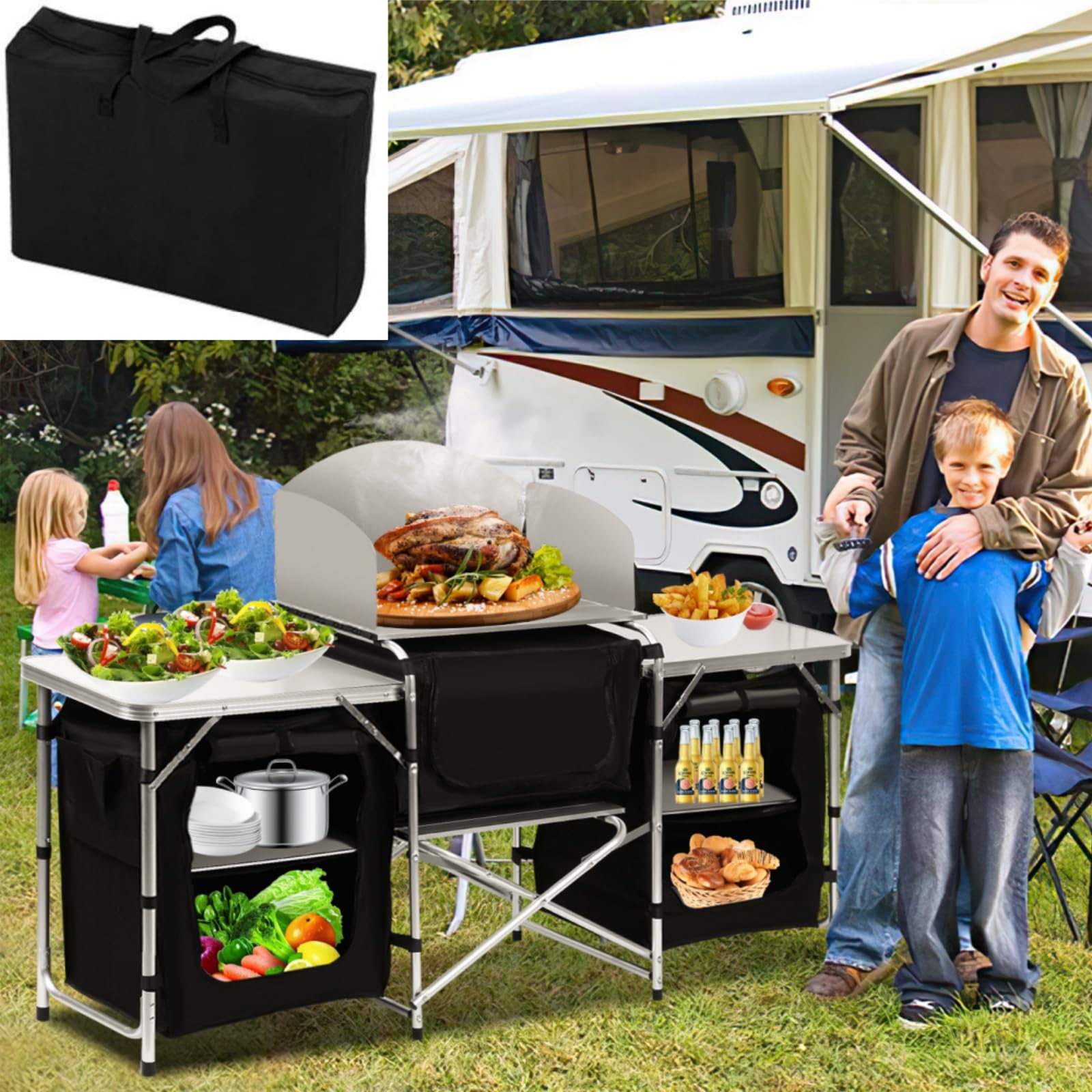 Cucina da campeggio pieghevole per esterni, in alluminio, per campeggio, cucina, da campeggio, da viaggio, con borsa per il trasporto, da cucina, da campeggio