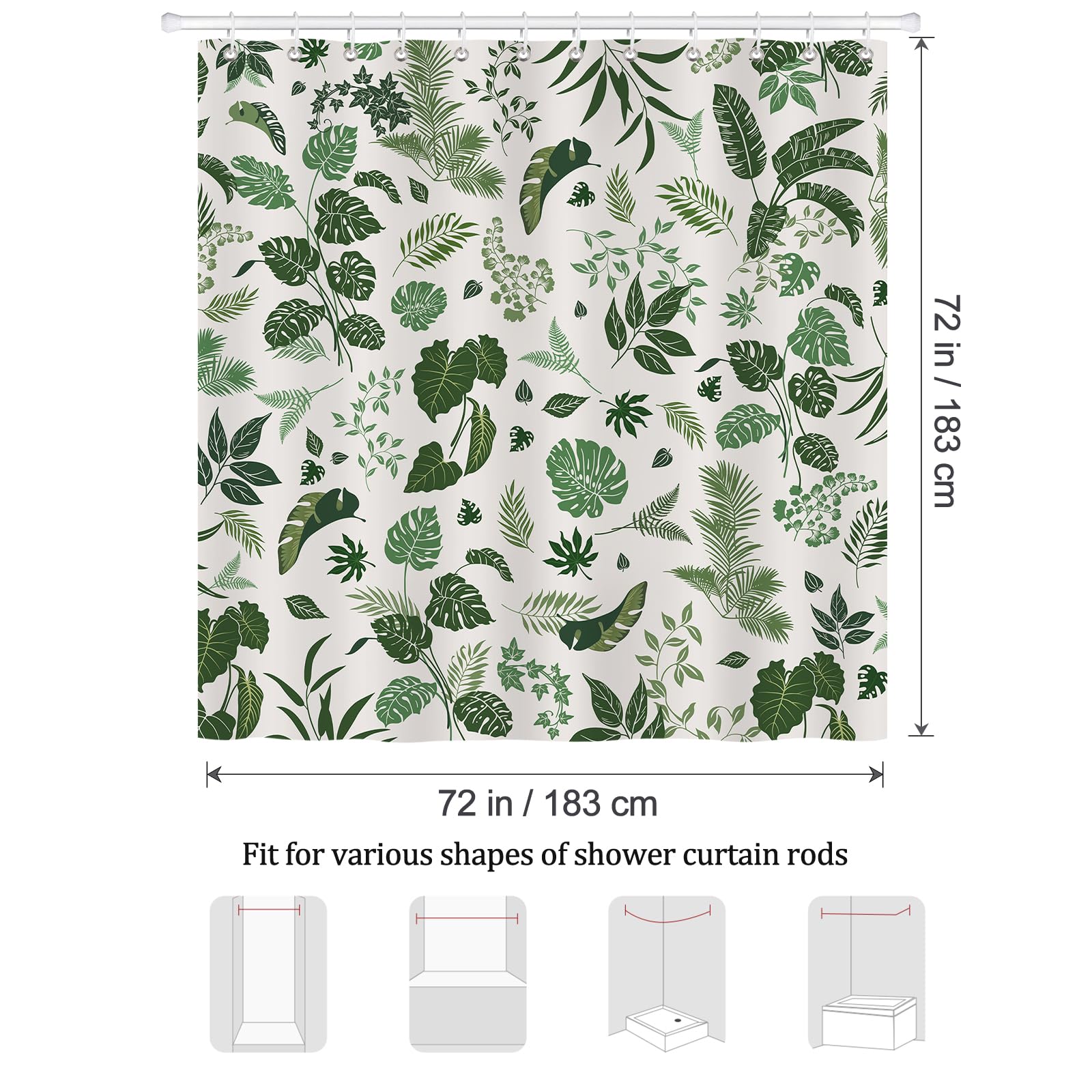 Tenda Doccia Tropicale Bonhause 180x180 Cm - Foglie Di Banana E Palma Verde, In Poliestere Impermeabile E Antimuffa, Con 12 Ganci Inclusi
