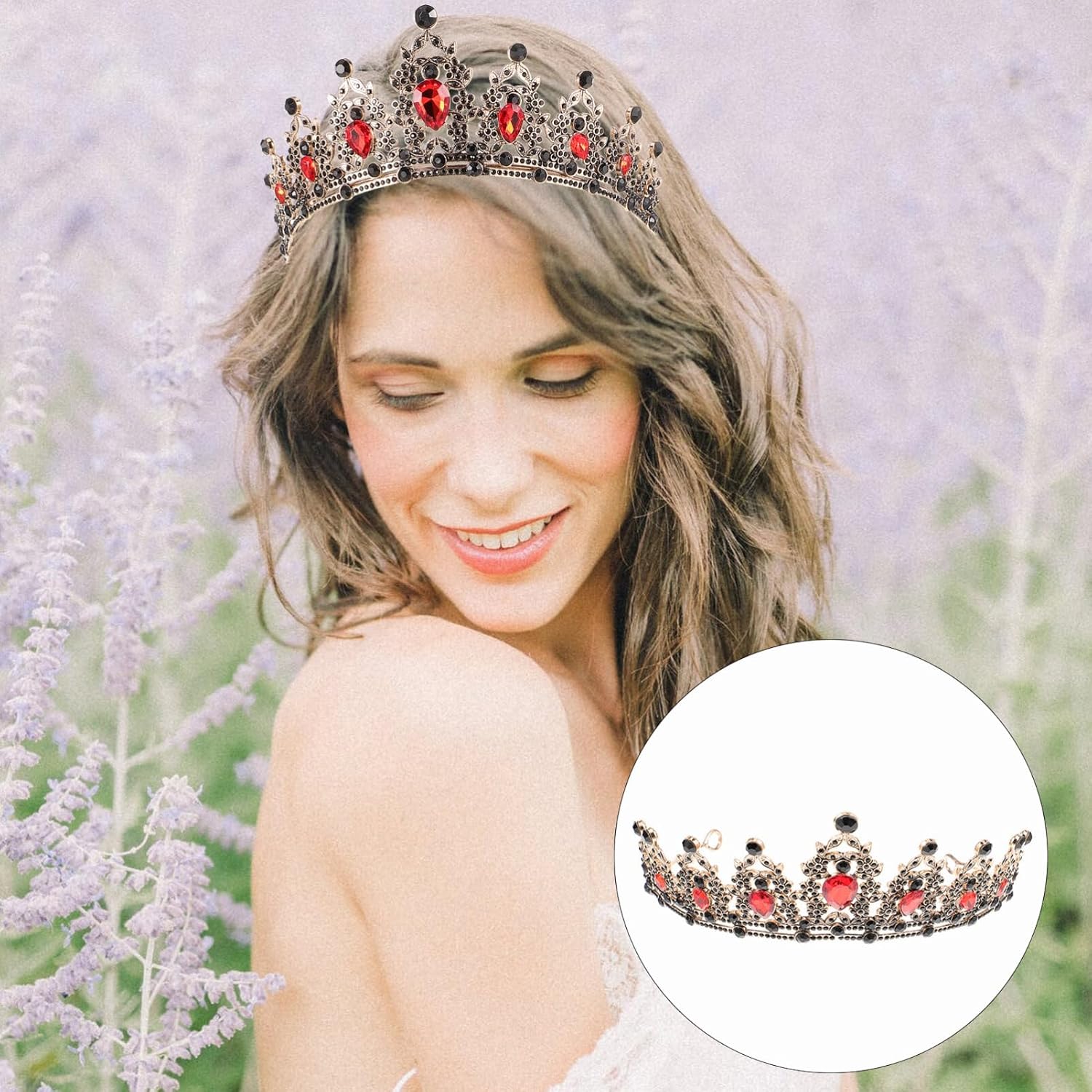 Baroque Bride Crowns Black Rhinestones Gothic Chic Tiaras Vintage Crystal Queen Princess Crown Headpieces Headband for Wedding Prom Halloween Pageant (Red) - Image 4