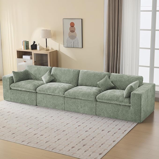 88''Cloud Boneless Sectional Couch, Modular Sectional Sofa Deep Seat, Upholstered Convertible Comfy Loveseat Chenille Memory Foam Sofa Couches for Living Room, Green
