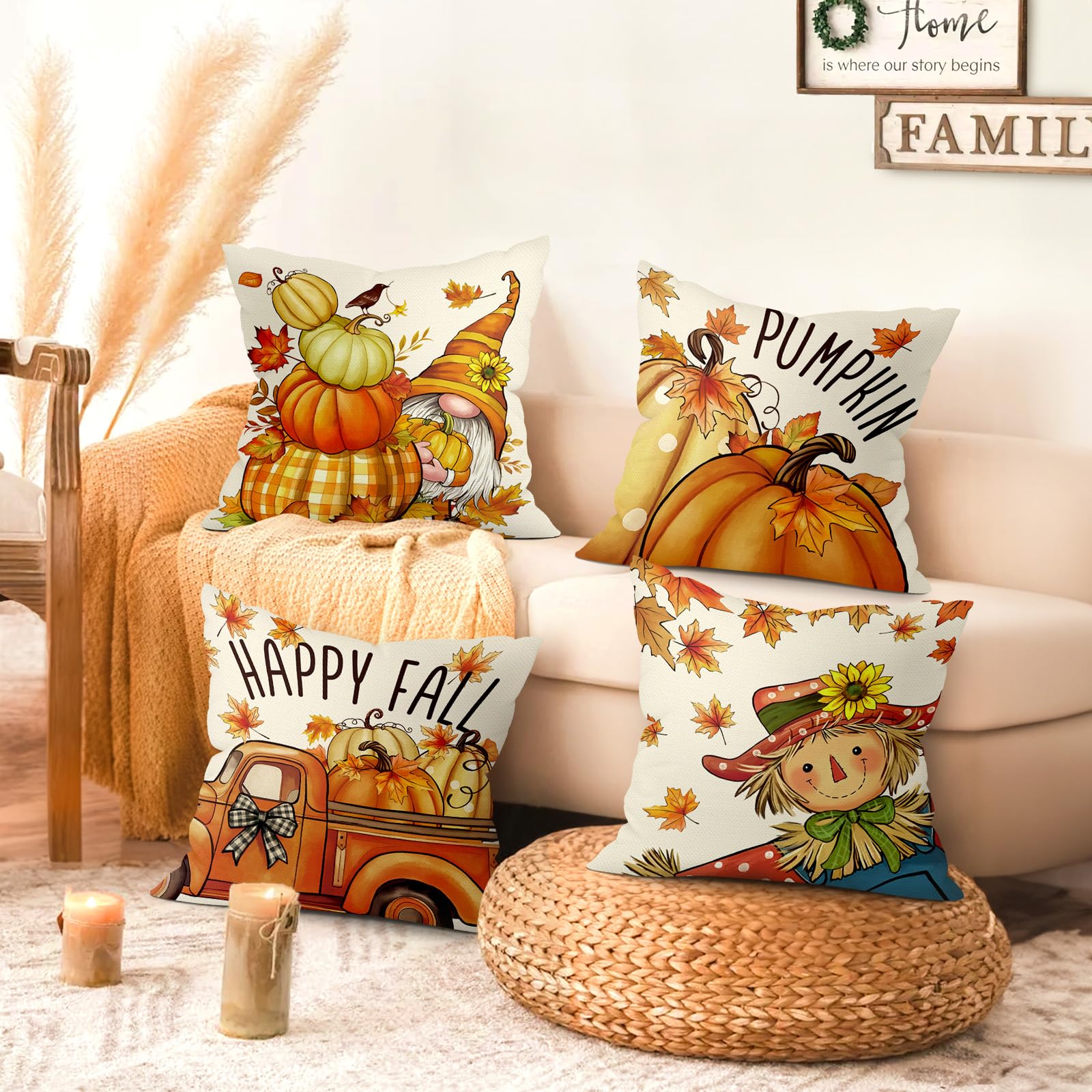 Set Di 2 Federe Per Cuscini Autunnali Hello Fall – 45x45 Cm, Motivo Foglie Arancioni In Lino E Poliestere, Decorazione Casa - 2