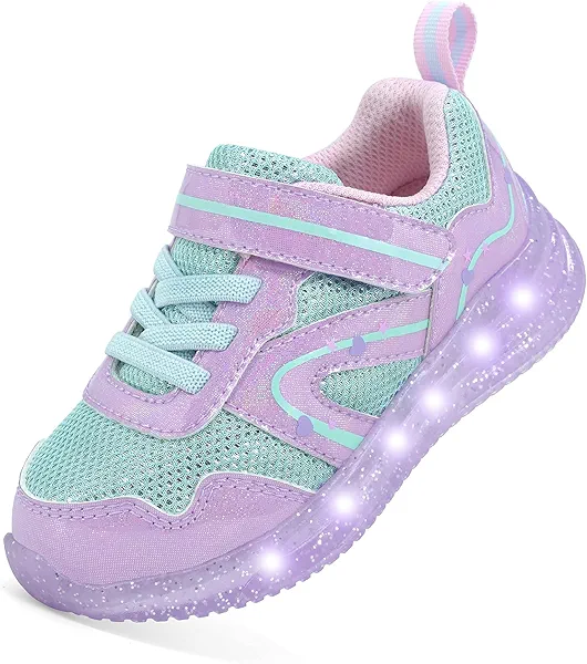 LOUGSIN Girls Light Up Sneakers Little Kid Casual Lightweight Breathable Mesh Led Flashing Running Shoes for Purple Size 11