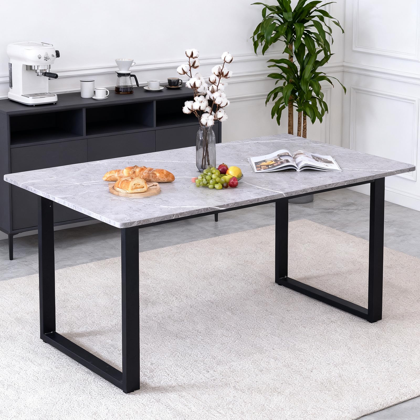 AINPECCA 150cm Dining Table- Rectangle Marble Effect Grey Top with U Shape Me...