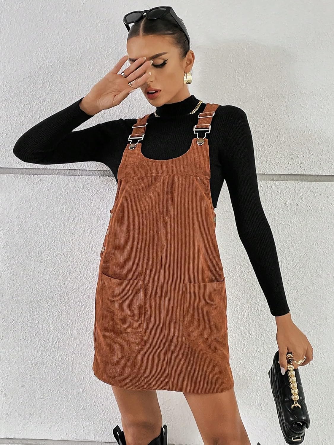 WDIRARA Women's Corduroy Overall Mini Dress Adjustable Straps Sleeveless Slim Fit Casual Dresses with Pockets - Image 4