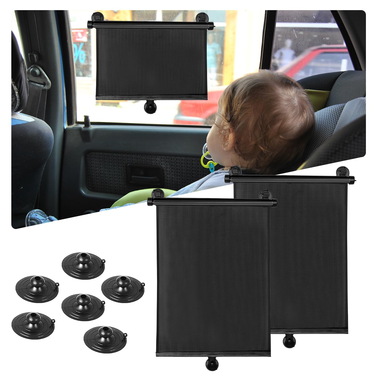 2PCS Car Window Shades for Baby, Retractable UV Protection Sun Shade, 18"×15" Side Window Sun Blocker with Suction Cups for Cars, SUVs, and Trucks