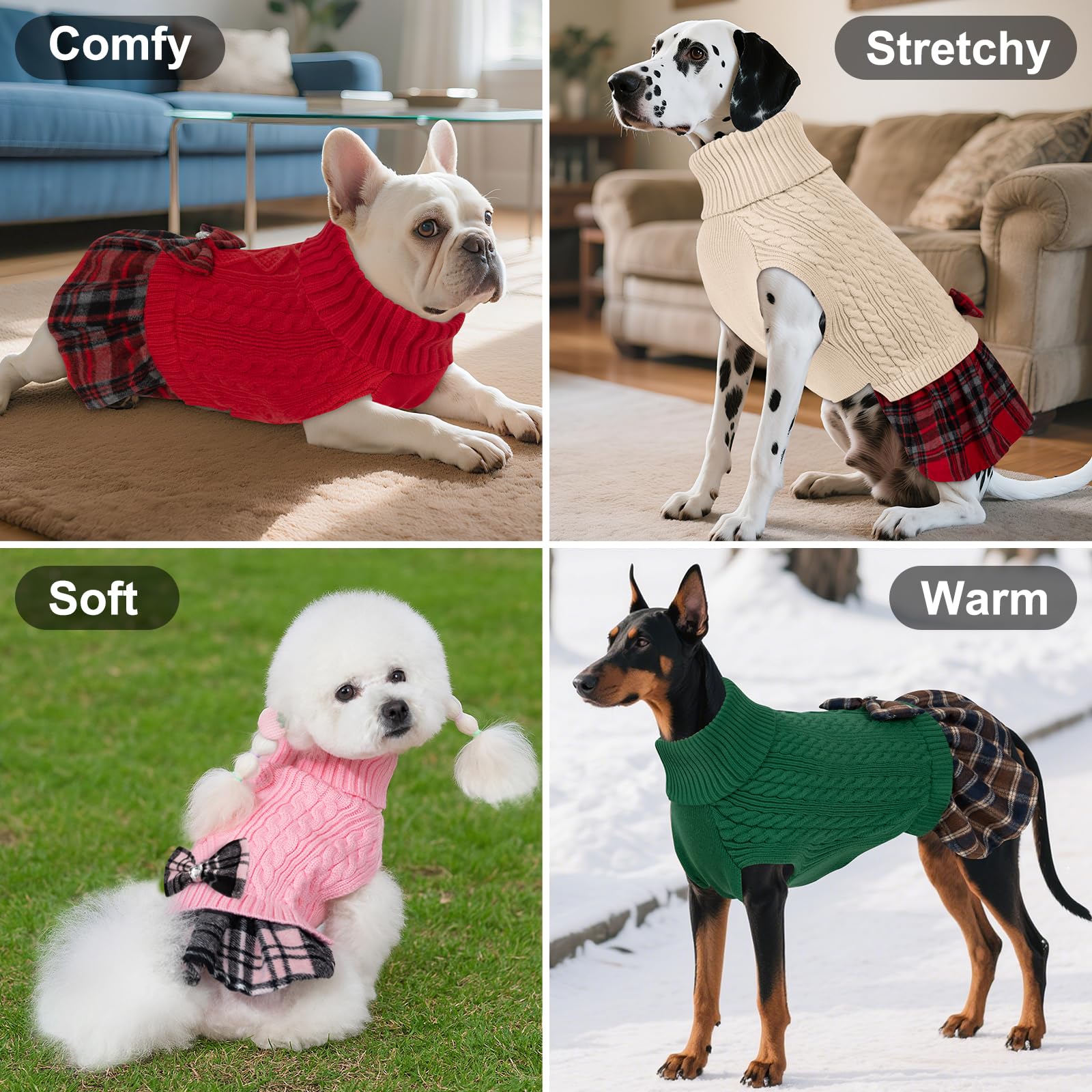 KYEESE Hundepullover Kleid mit Leine Loch Fliege Kariert Rollkragen Hundepullover für kleine Hunde Warm Haustier Pullover Schwarz