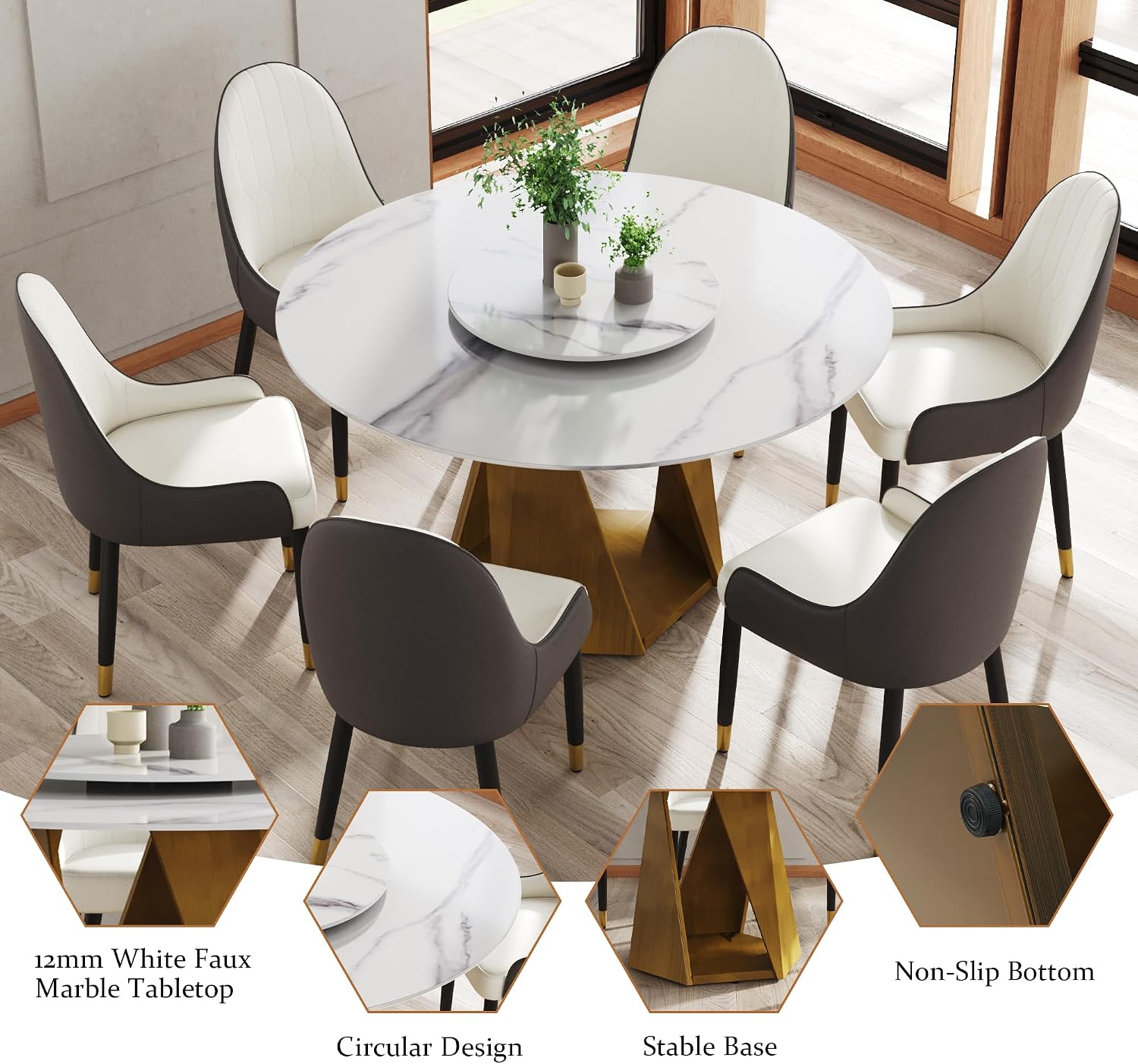 Leavader 7-Piece Dining Table Set - 53" Round Dining Tabletop with Removable Turntable, 1 Faux Marble Dining Table & 6 PU Leather Chairs, Morden Round Stone Dining Room Set for 4-6 (White & Gold)