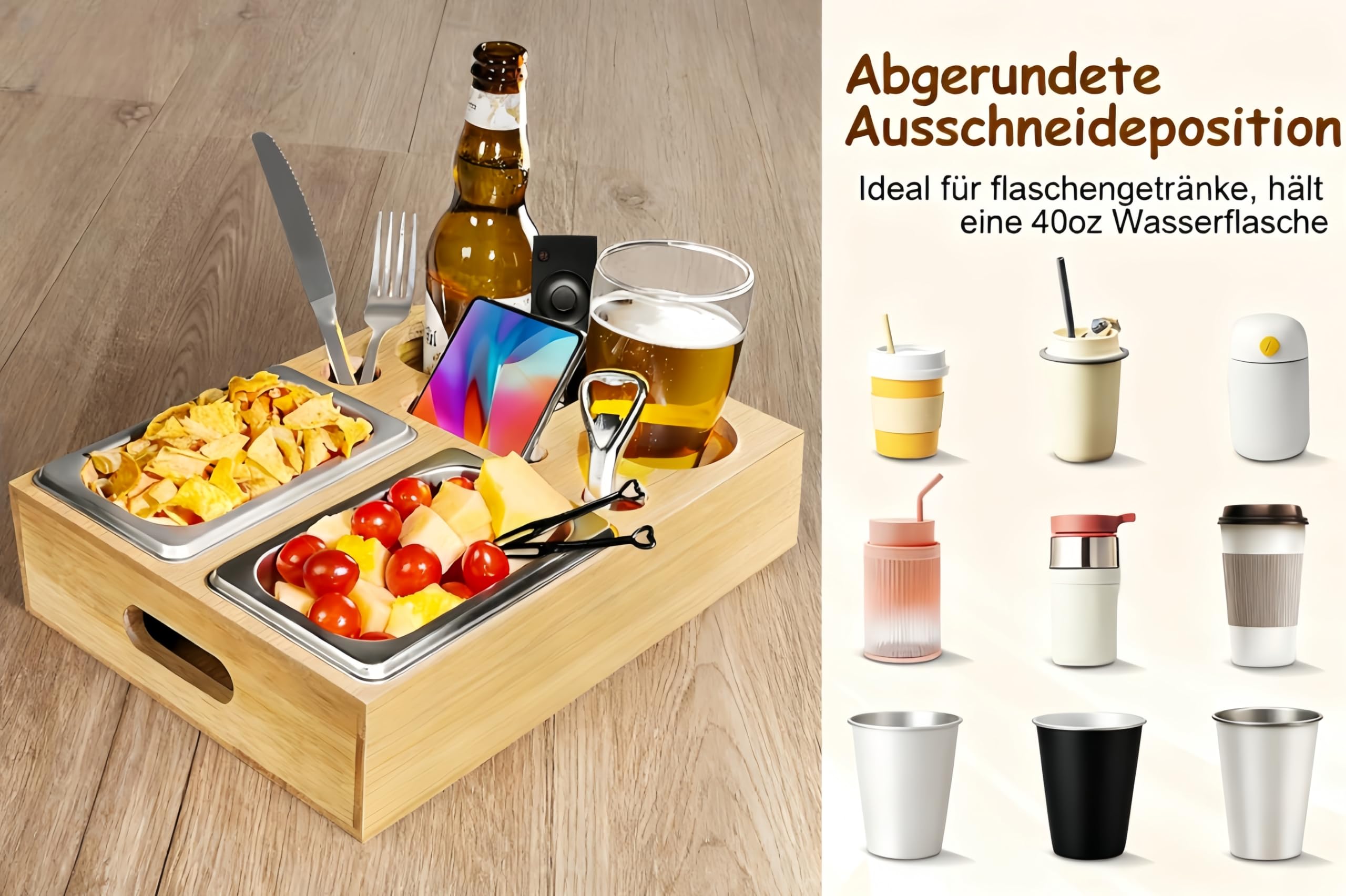 Couchbar Snackbox-Organizer Tablett- Snackspender mit 2X Snackschale -Deko,Couch Bar mit Getränkehalter-Spülmaschinenfest | Stabile Ablage,Smartphone&Fernbedienung -WohnmobilausstattunglGeschenkbox