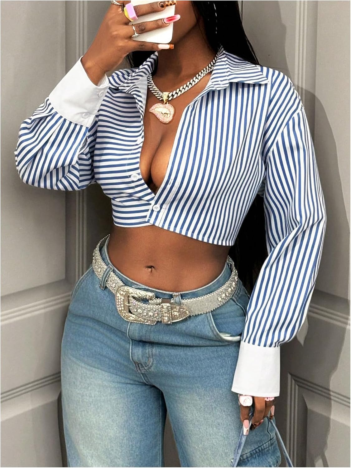 Floerns Women's Striped Long Sleeve Shirts Button Down Colorblock Dressy Casual Crop Tops - Image 4