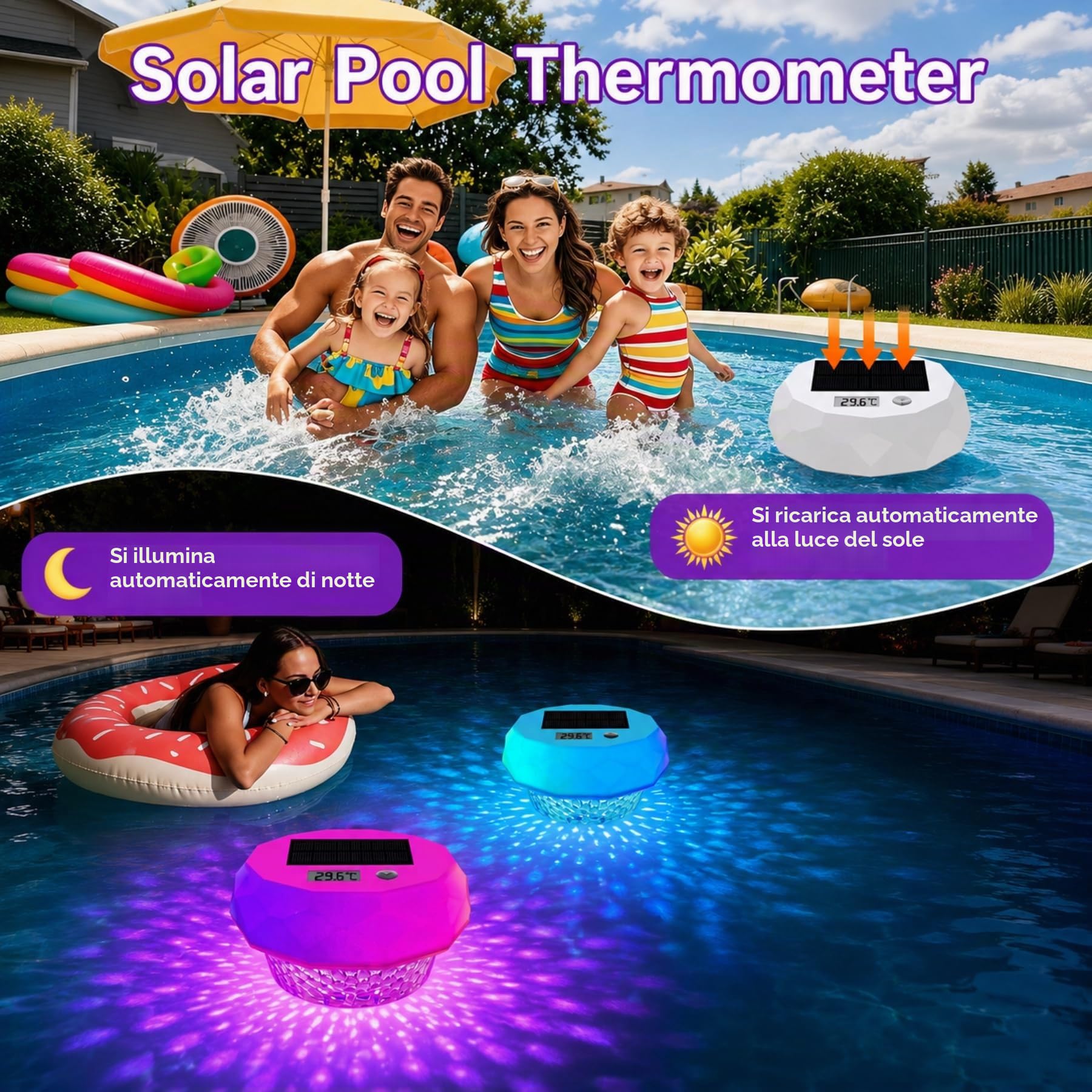 Termometro Digitale Solare per Piscina–Termometro Galleggiante con Display e Funzione Timer, Termometro per Piscina con 8 Effetti Luminosi Dinamici, Termometro Digitale Impermeabile IP68 per Piscine