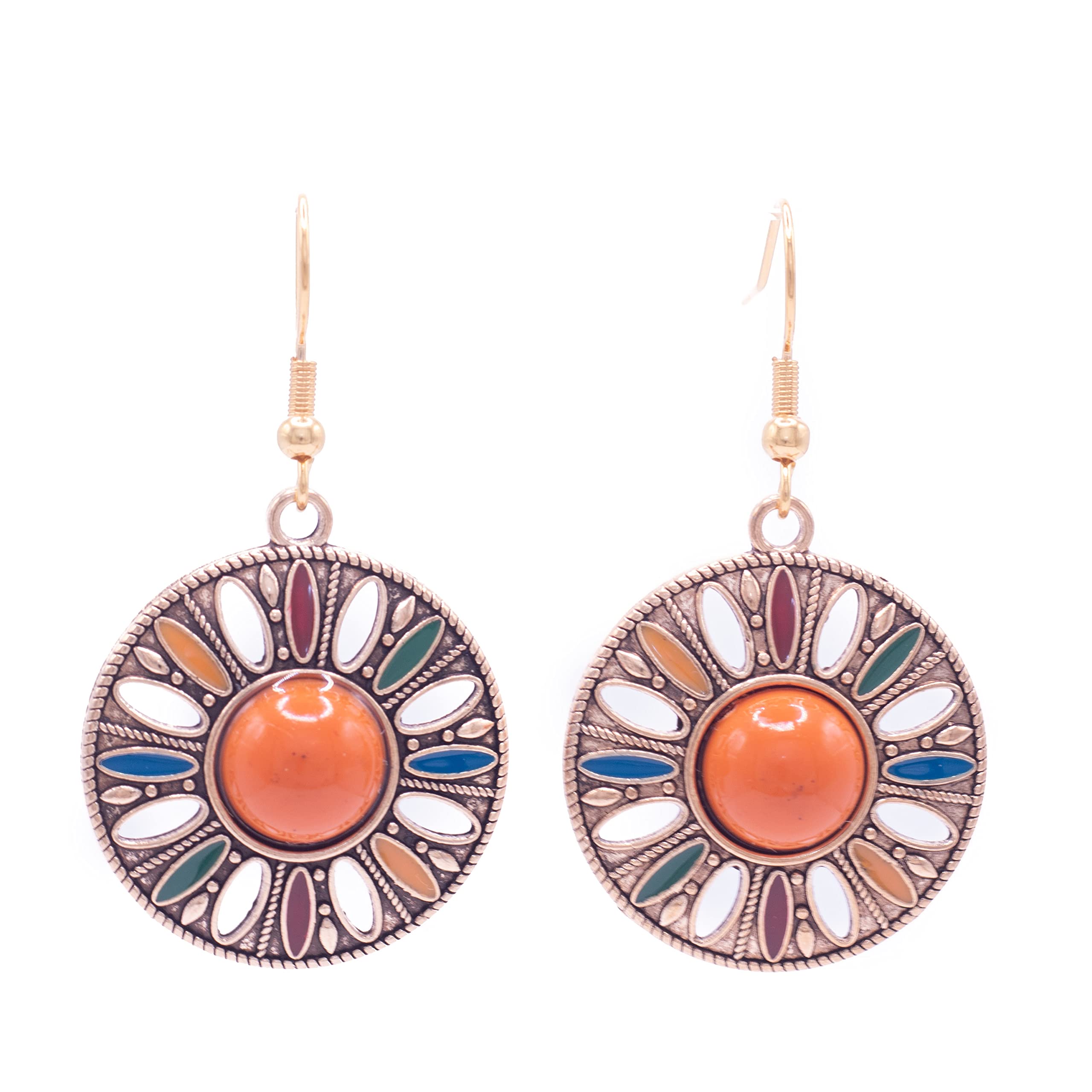 ZARZAMORA Pendientes Bohemio Vintage de PlataTibetana Estilo Antiguo Acero Inoxidable-Colgantes Redondos Esmaltados Colorido a los Lados-Pendiente Resina en Centro-Regalo Original