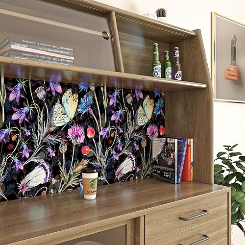 Miniatura 5 de Papel tapiz floral de primavera, papel tapiz de flores silvestres oscuras y mariposas, papel tapiz de contacto floral extraíble, papel de contacto