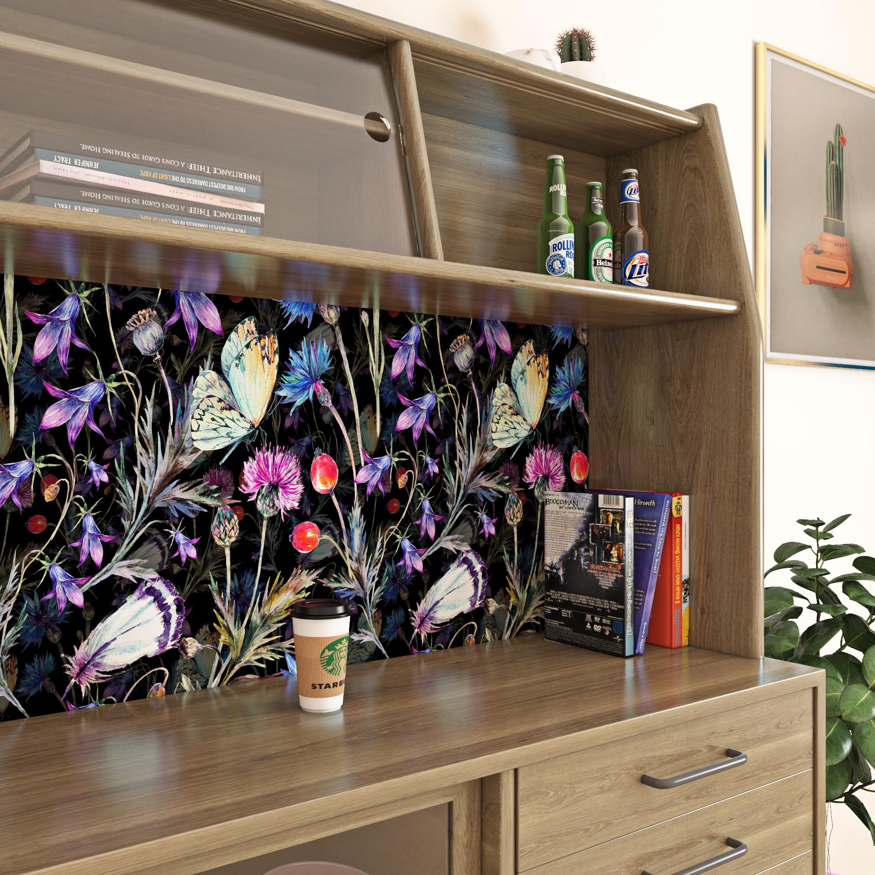 ReWallpaper 44,5CMx7M Carta Adesiva per Mobili Fiori e Sfondo Nero Carta Da Parati Adesiva Muro Farfalla Viola Carte Da Parati Camera Da Letto Salotto PVC Rivestimento per Armadio Porte