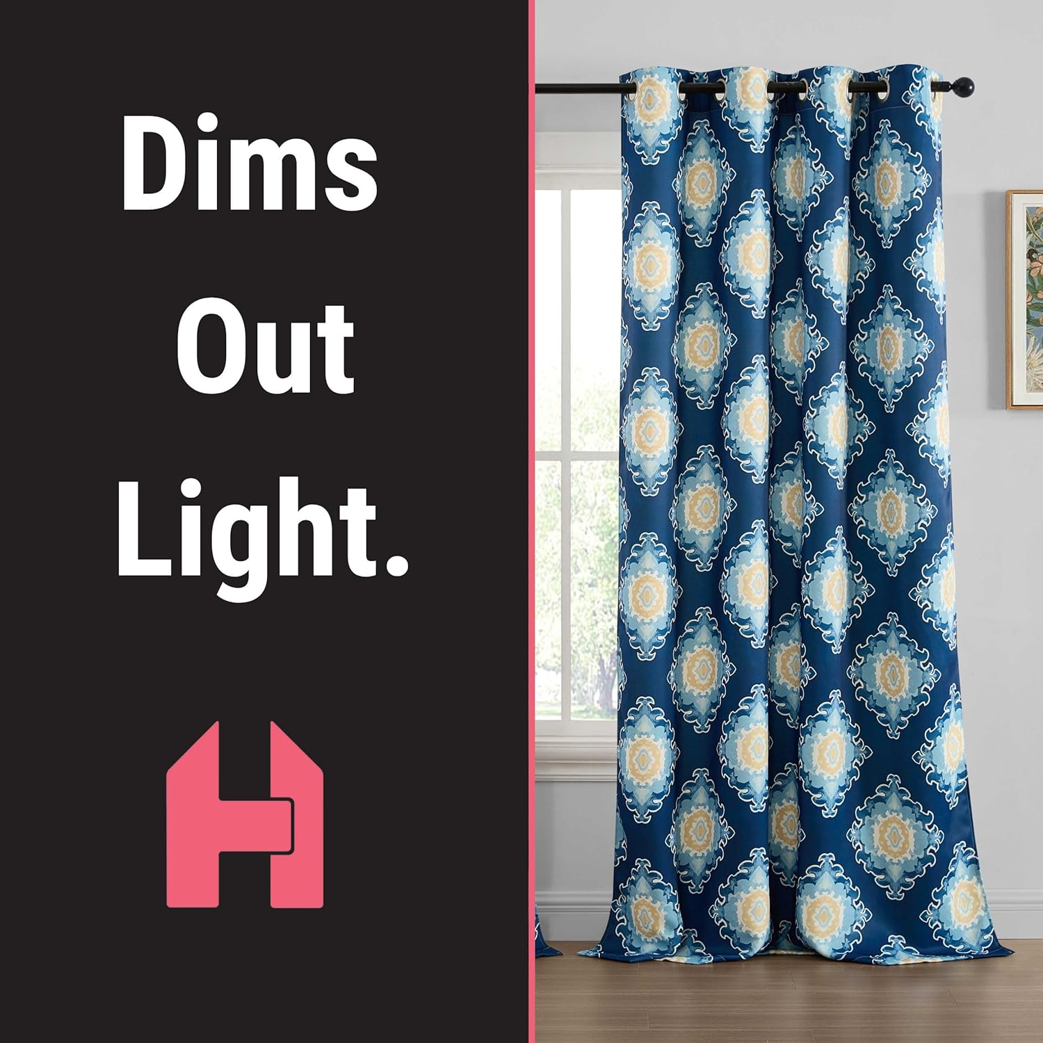 HLC.ME Liam Blue Pattern Curtains - Print Curtains - Boho Ogee Ikatt Damask Design - Light Reducing Window Drapes for Bedroom and Living Room, Set of 2 Panels - 52 W x 84 L