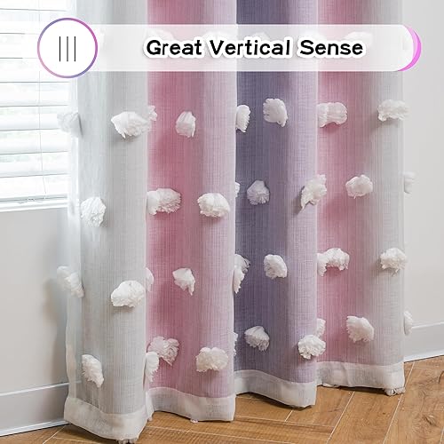 Miniatura 7 de MYSKY HOME Cortinas rosas de 95 pulgadas, cortinas moradas para dormitorio de niños pequeños, cortinas opacas de doble capa con pompones blancos