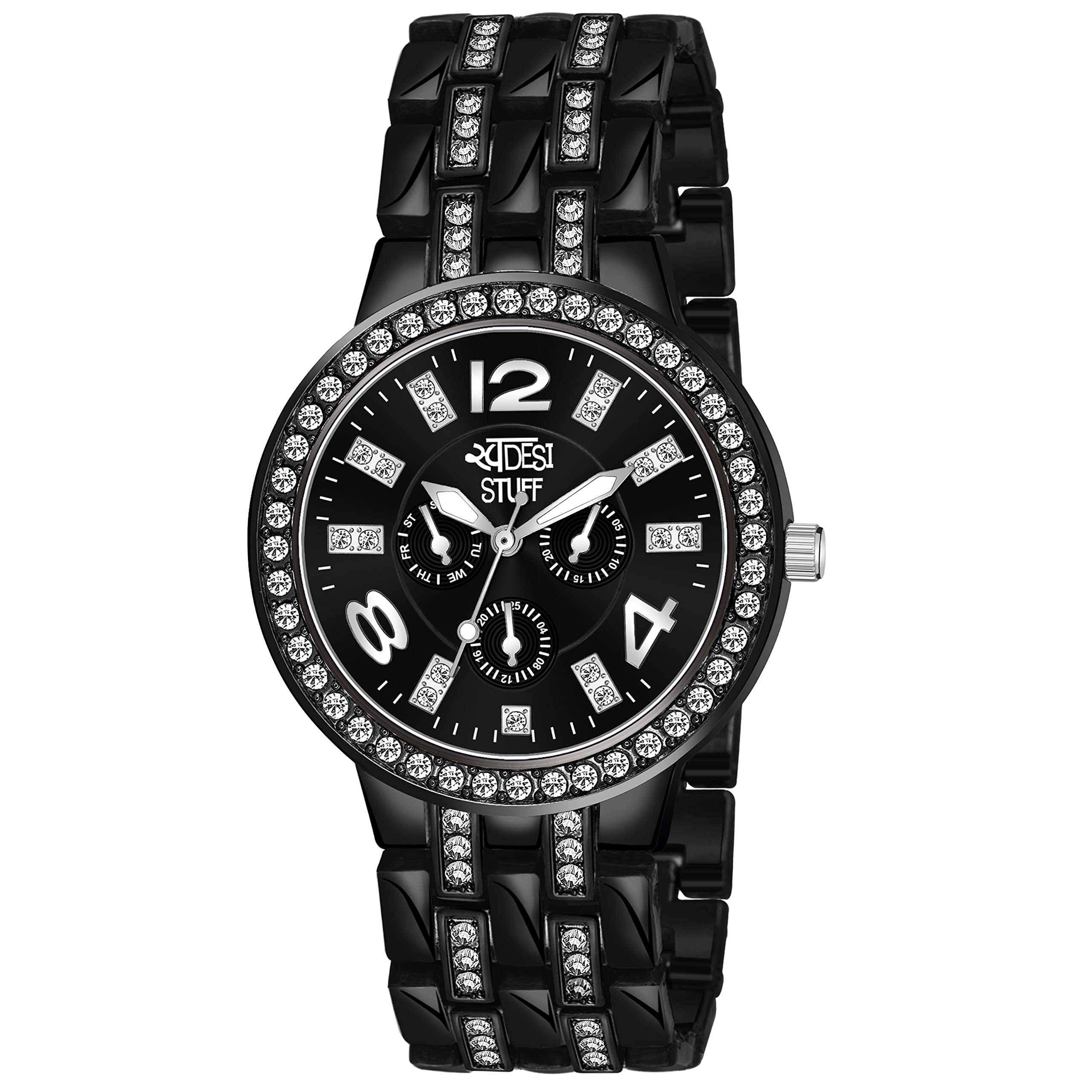 SWADESI STUFF Black Dial Diamond Studded Stylish Latest Generation Stainless Steel Strap Analog Watch for Women (B09C87KZ84) Amazon Price History, Amazon Price Tracker