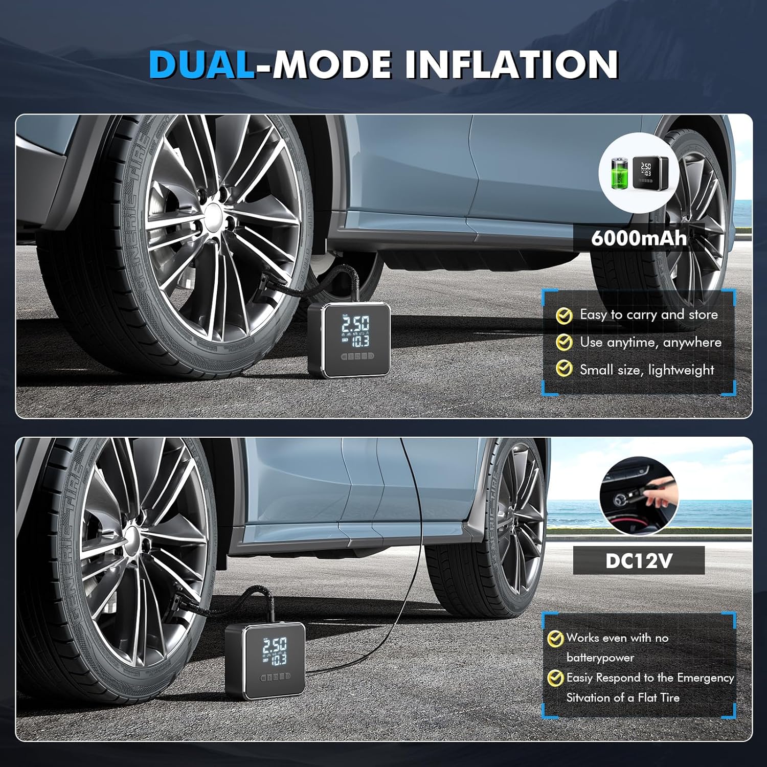 iWarmbase Cordless Tyre Inflator Air Compressor - 150PSI & 12V Tyre Pump Electric Bike Pump, 6000mAh with Power Bank Support and LED Display for Car Motorcycle Bicycle Balls 5 81vbhbYzy8L. AC SL1500