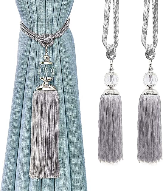 Curtain Tiebacks Rope Tassel TieBacks Curtain Holdbacks Silver for Drapes Decorative Drapery Crystal Holdback Tie Backs Handmade Curtain Holder 2 Pack