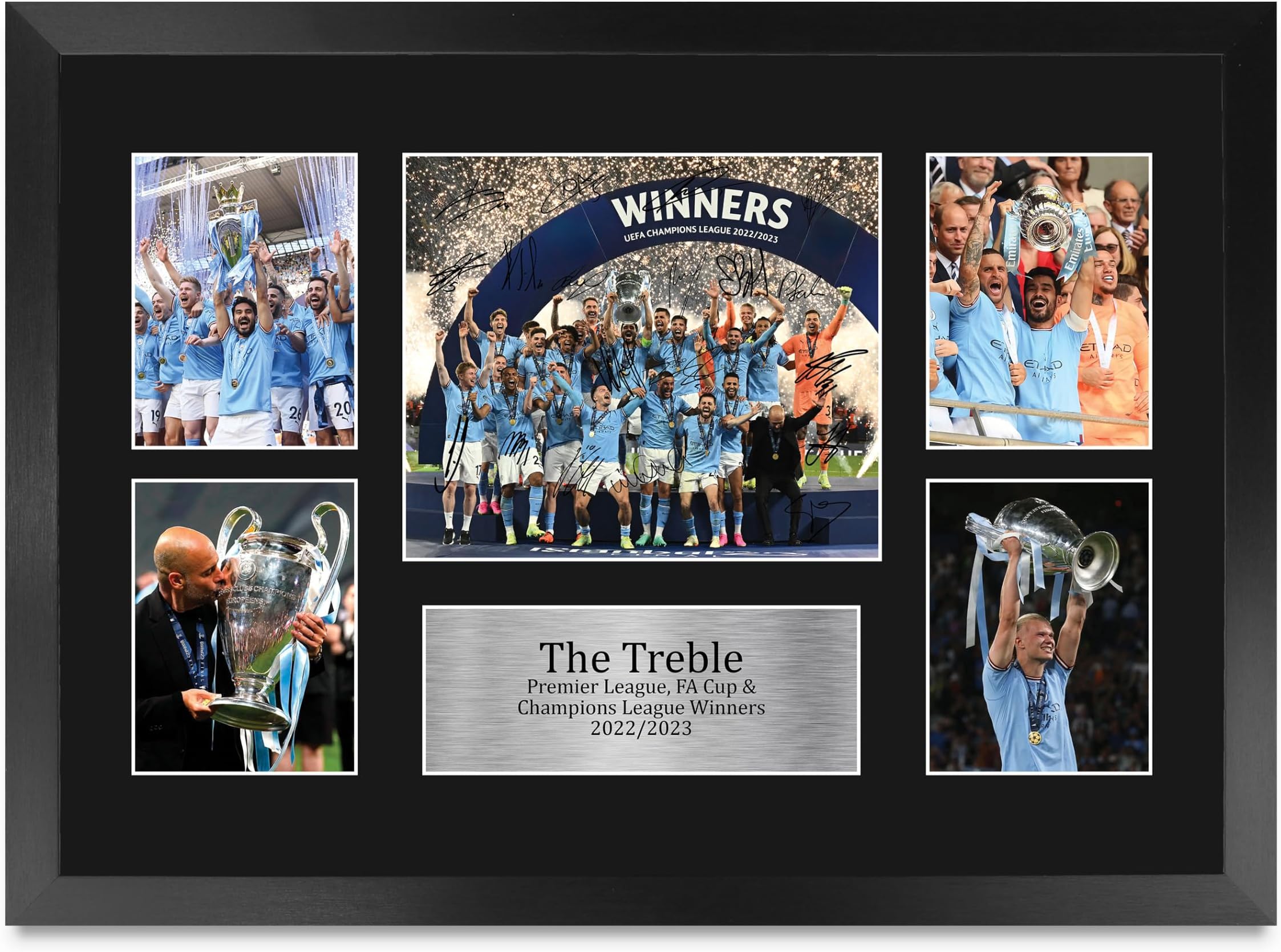 HWC Trading FR A3 Manchester City The Treble Premier League, FA Cup & Champions League Winners 22/23 Printed Signed Autograph Photograph Display for Football Fans - A3 Framed