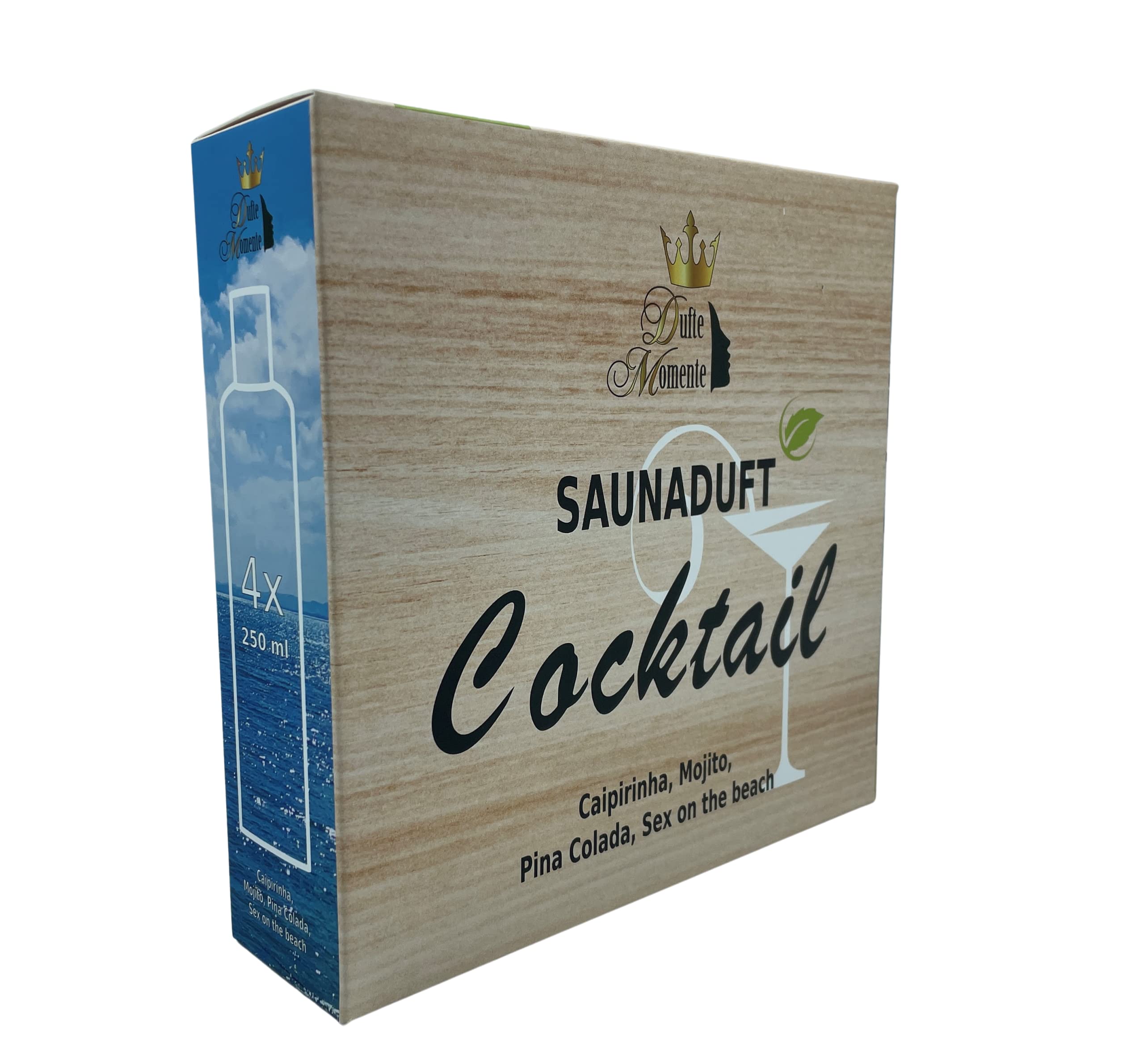 Dufte Momente | Cocktail Duft 4 x 250ml Saunaduft Konzentrat - Caipirinha, Mojito, Pina Colada, Sex on the beach - karibischer Flair in der Sauna - Premiumaufguss in attraktiver Umverpackung