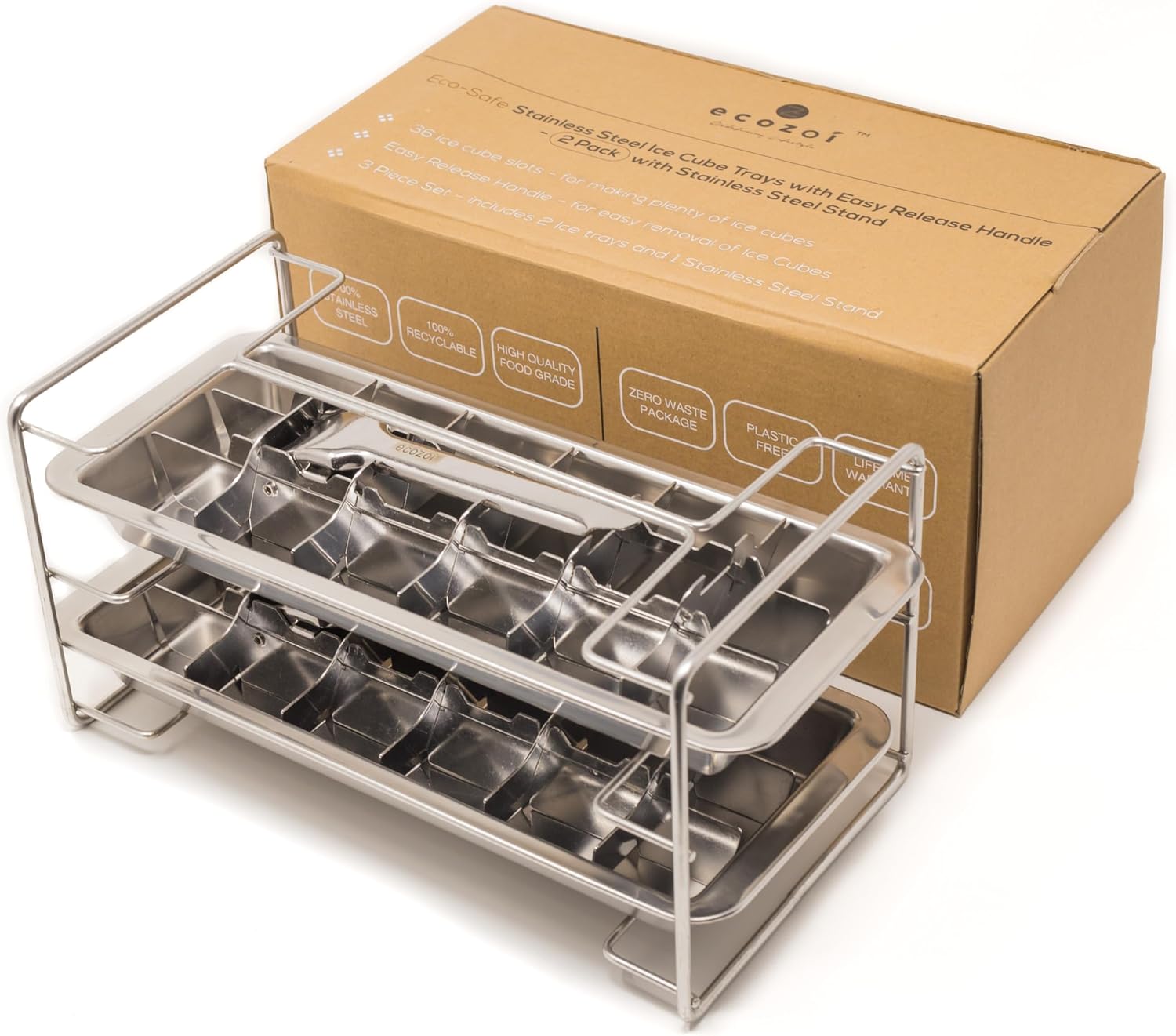Ecozoi Stainless Steel Ice Cube Tray - 2 Pack of 18-Slot Metal Ice Cube Trays with Easy Release Lever - Plastic-Free, Eco-Friendly, Stackable Retro Vintage Ice Trays for Bars & Kitchens