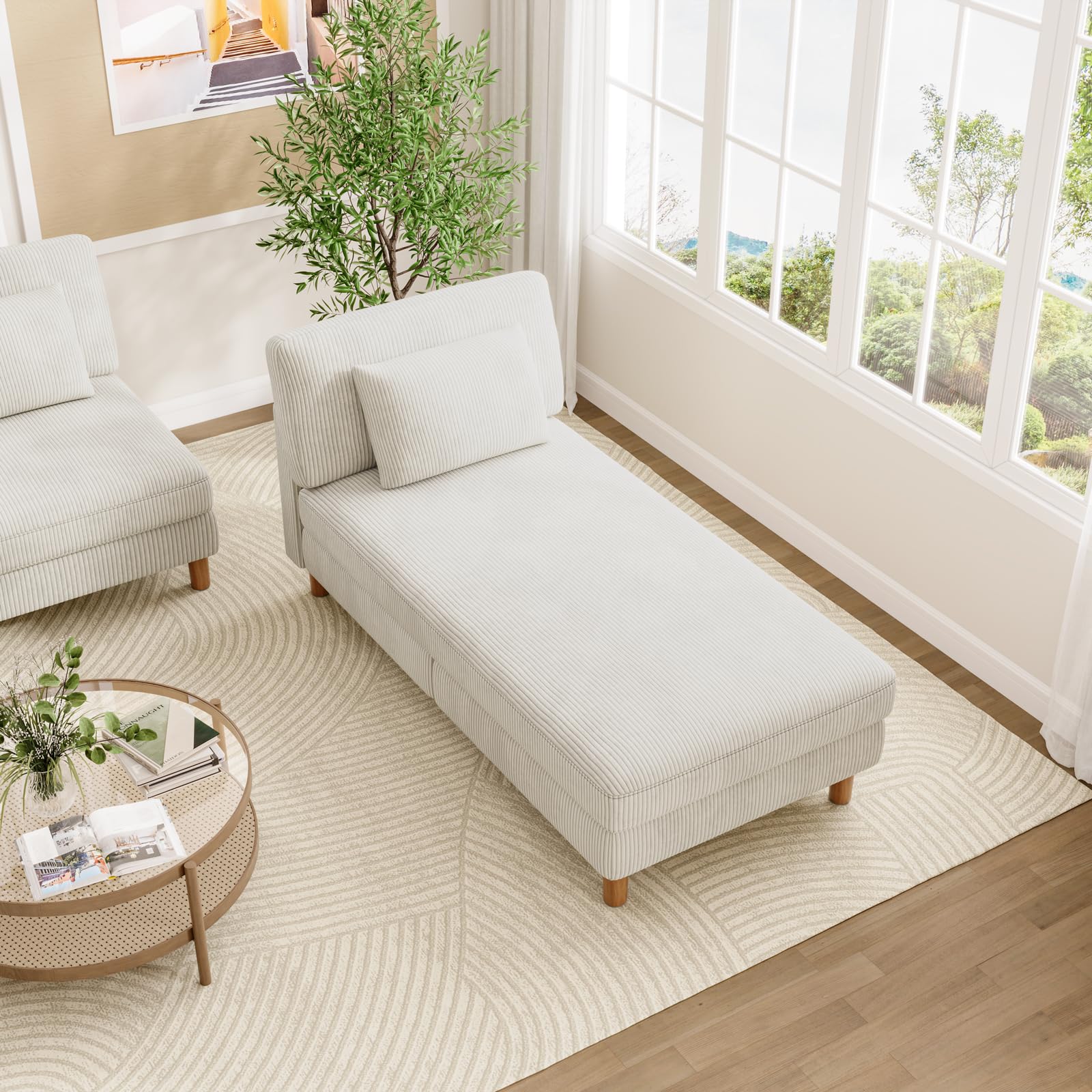Vesgantti Corduroy Chaise Lounge Sofa, Upholstered Couch with wide Cushions, Perfect for Living Room, Bedroom, Office, Small Space, Tool-free Assembly，158L*81W*84cm, Beige