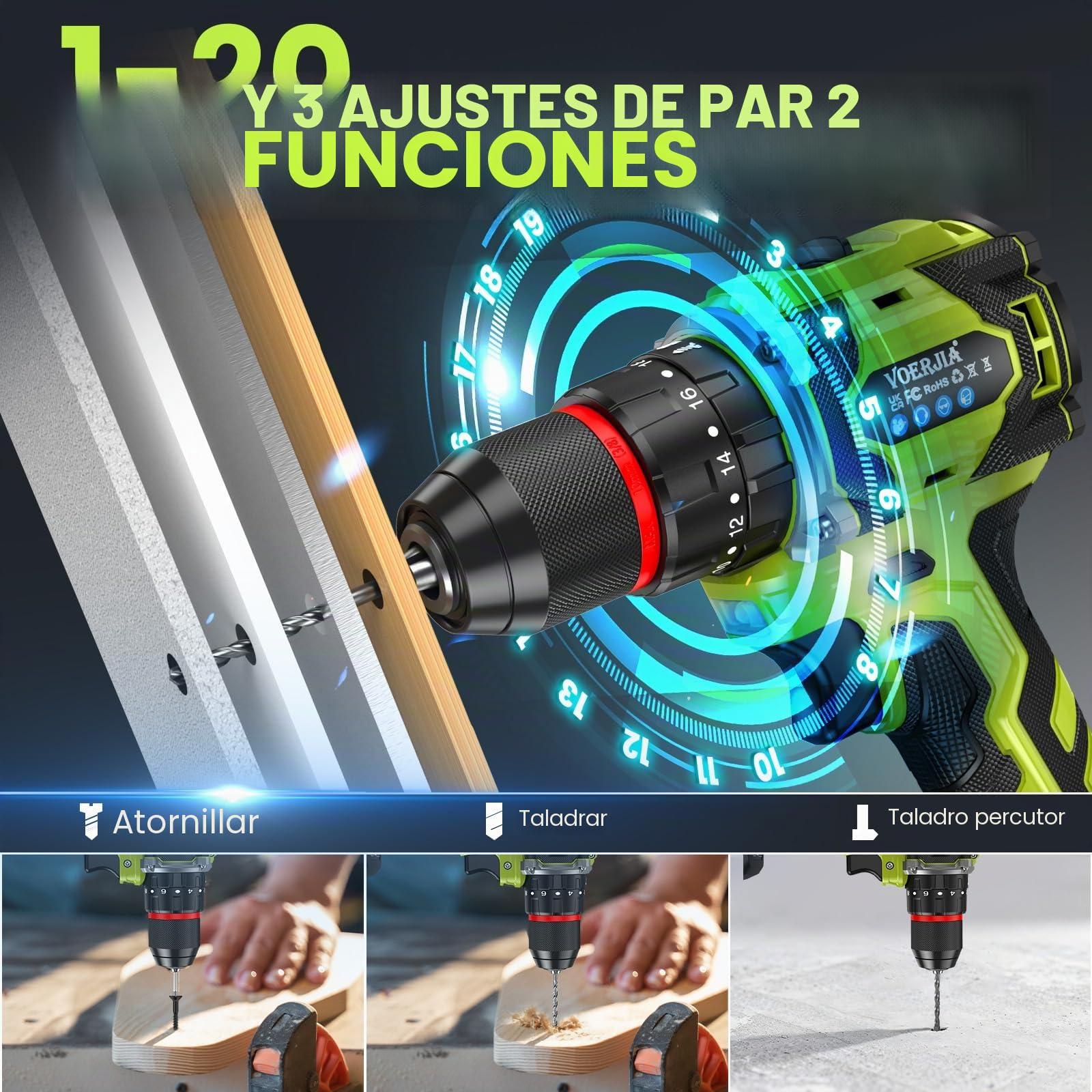 VOERJIA - Taladro atornillador inalámbrico de 21 V, taladro de percusión sin escobillas de 60 Nm, 2 baterías de 2000 mAh, 21+3 pares de torque, portabrocas de 10 mm, 2 velocidades, LED, 29 accesorios
