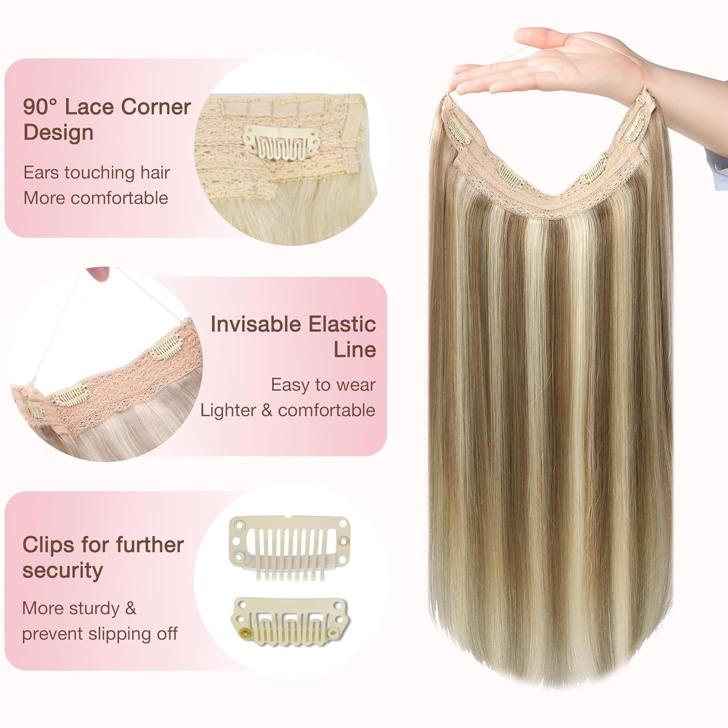 GOO GOO Wire Hair Extensions Human Hair, #P8B/60B 16inch 95g, Invisible Wire Hair Extensions with Transparent, Seamless Fish Line Hairpiece