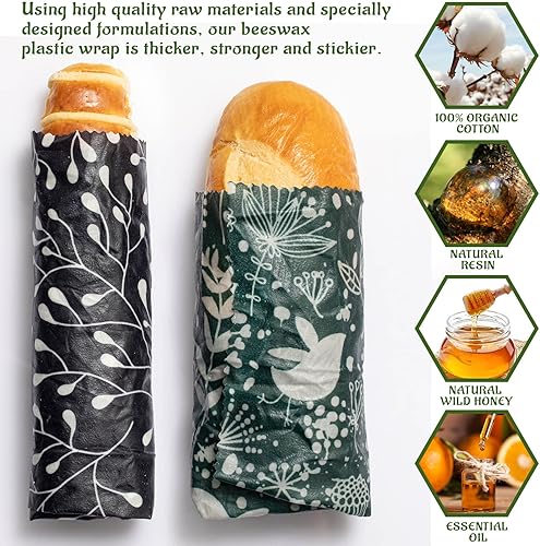 Miniatura 3 de Paquete de 9 envolturas de cera de abejas envolturas de alimentos reutilizables ecológicas y reutilizables sin residuos sostenibles sin plástico 5S