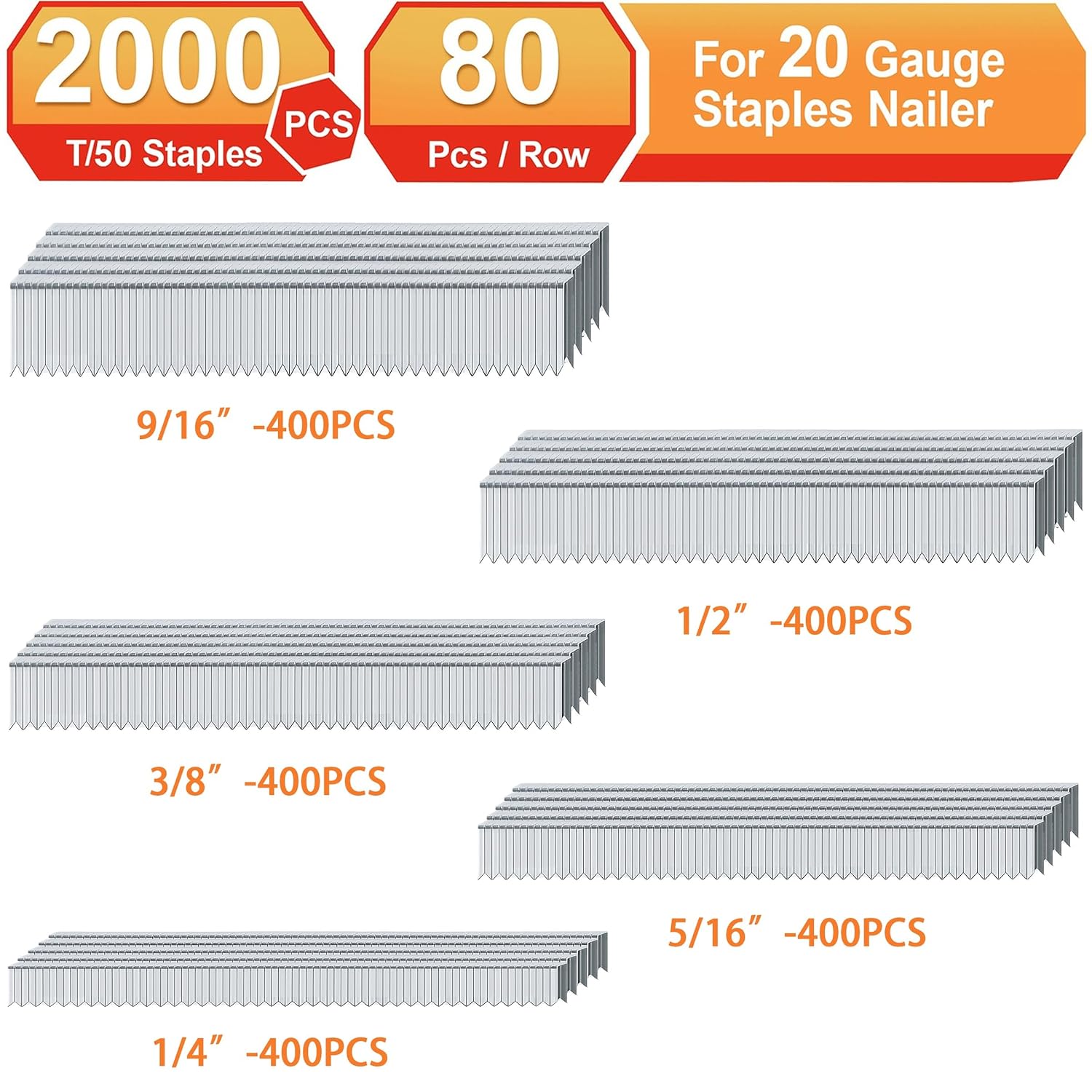 20 Gauge T/50 Staples,1/4"+5/16"+3/8"+1/2"+9/16":2000pcs