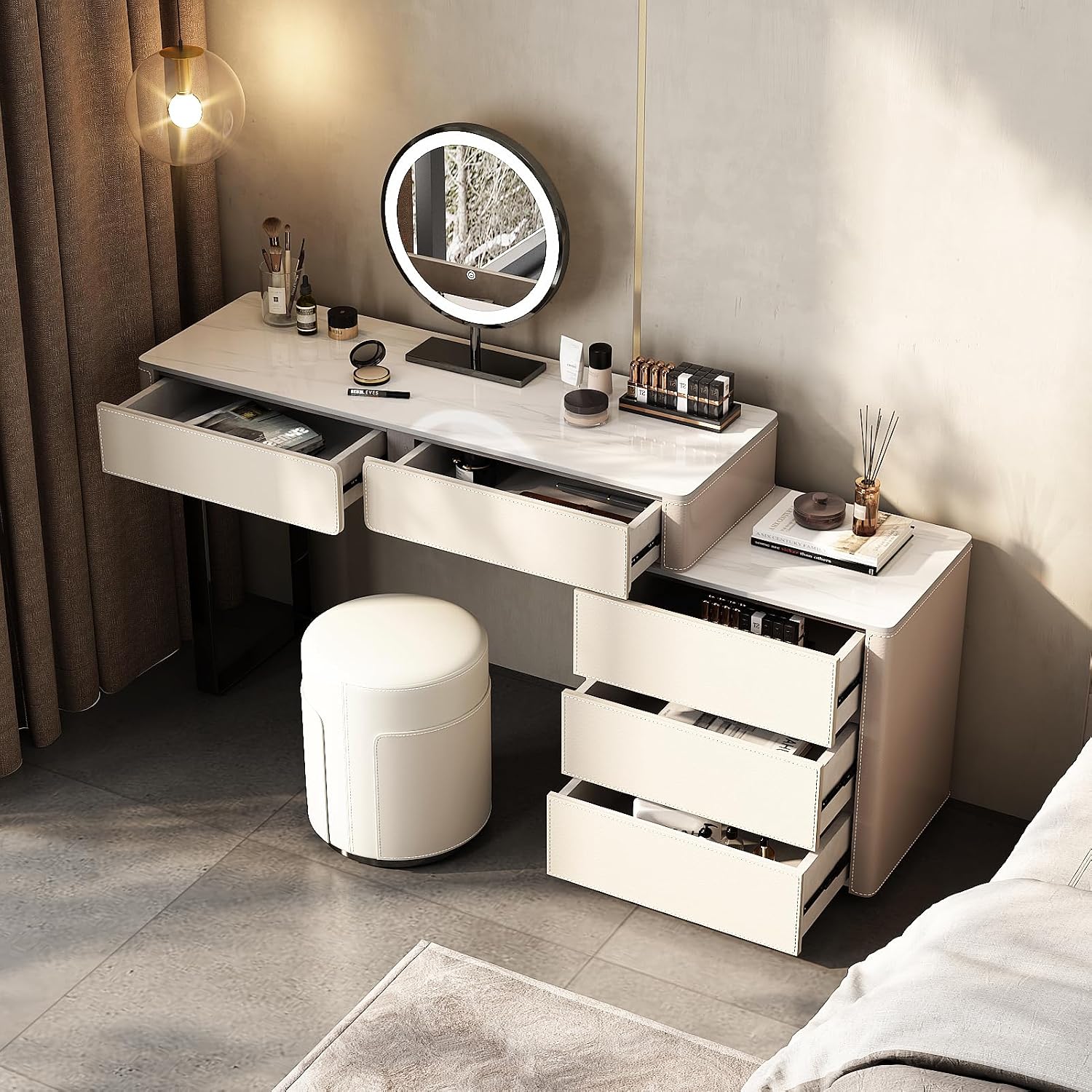 Lartis Faux Leather Makeup Vanity Desk Set with LED Lighted Mirror Luxury Dressing Table with Storage Drawers & Vanity Stool, Cream/Gray