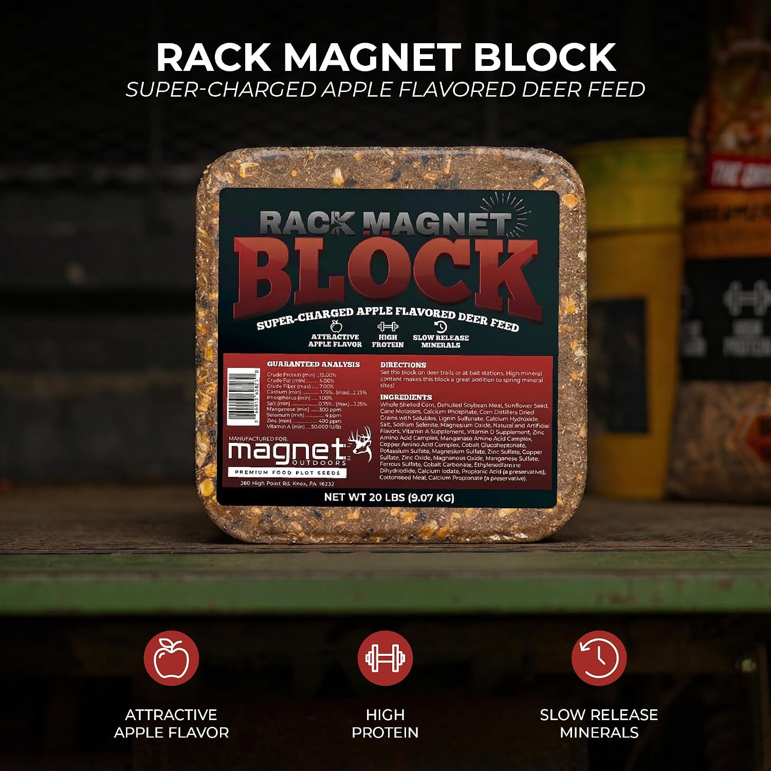Rack Magnet Deer Block: 20 lb Deer Mineral Block with Apple Molasses Flavor, 15% Protein Attractant for Deer, Long Lasting Hunting Mineral Supplement for Trails, Cameras & Feed Sites