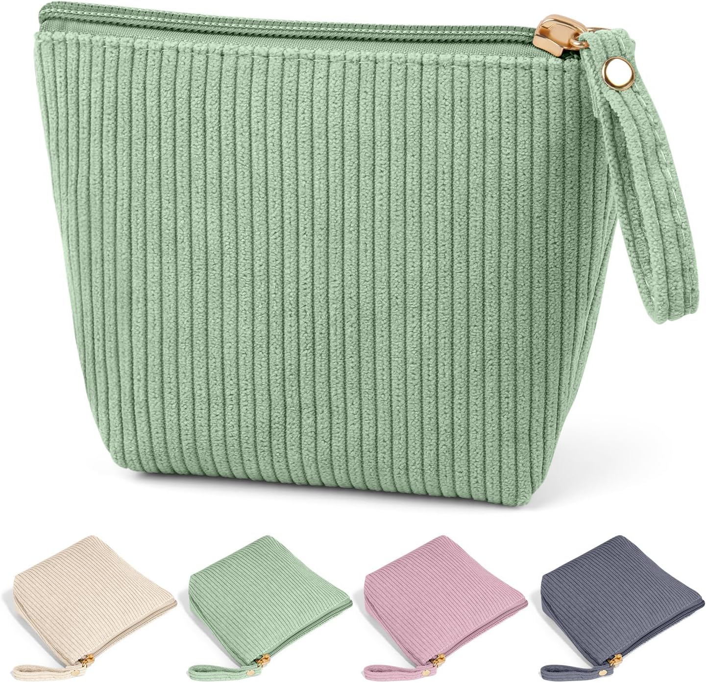MAGEFY Mini Makeup Bag, Cute Small Makeup Bag for Purse Corduroy Cosmetic Bag for Women with Slip-in Pockets Travel Purse Essentials Lipstick Bag(Green,Mini)