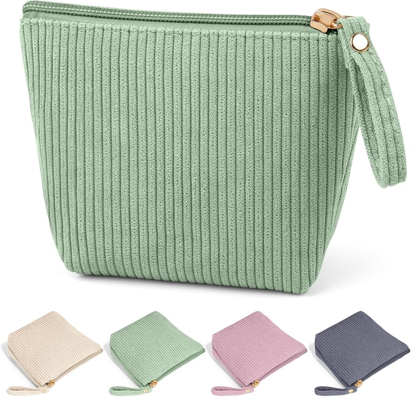 Necessaire de maquiagem MAGEFY em veludo cotelê, verde, mini, com bolsos internos e zíper
