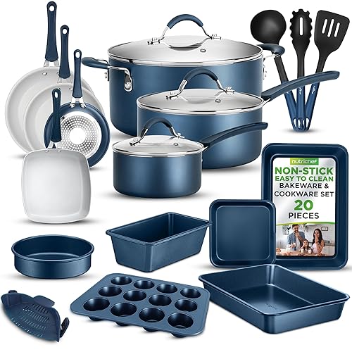 NutriChef Professional 20 Pc Kitchen Set in Navy Blue - Durable Non-Stick Pots and Pans with Bakeware, Compatible with Any Cooktop, Easy Clean - Navy