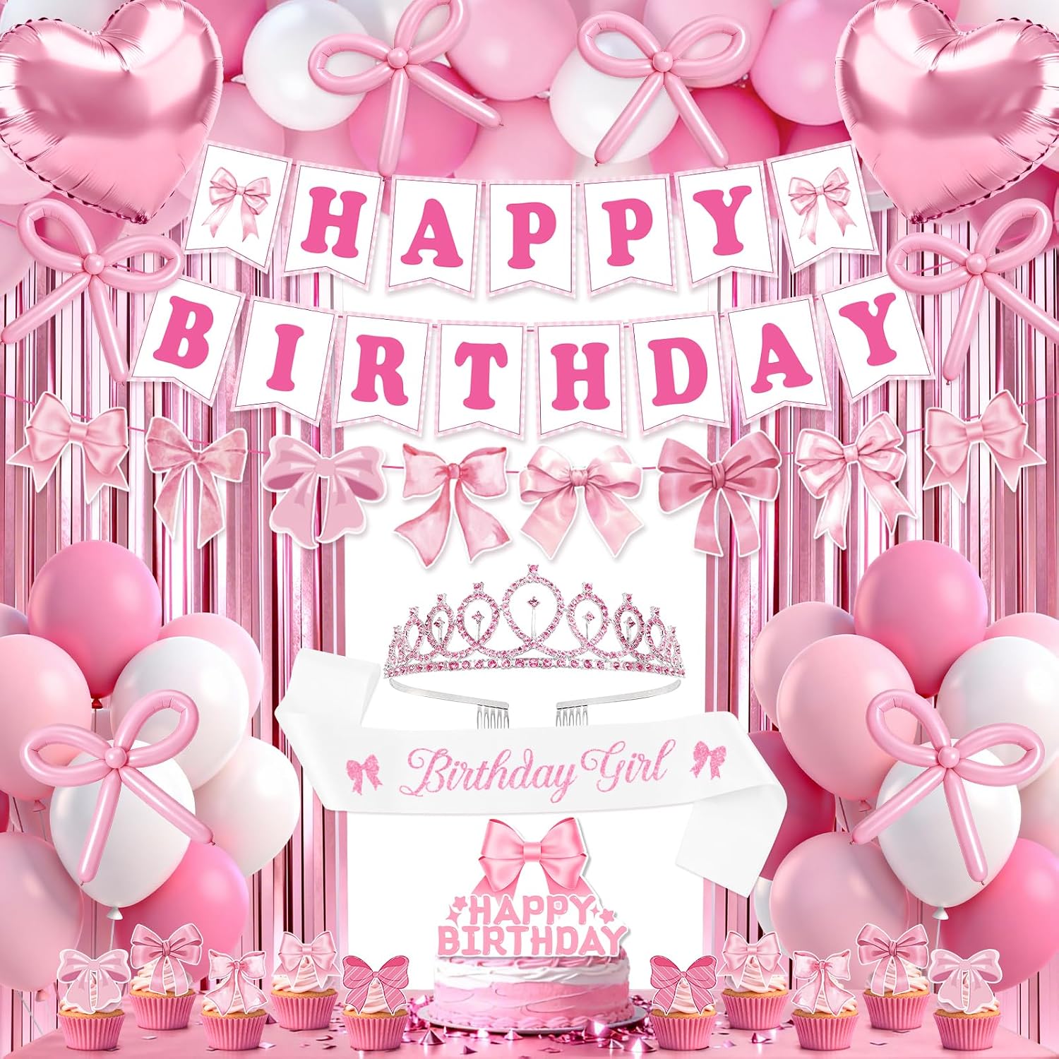 Pink Bow Birthday Decorations, 73PCs Coquette Birthday Decorations BIRTHDAY GIRL Sash and Tiara Balloons Fringe Curtains Banner Bows Garland and Cake Toppers for Women Girls Pink Theme Party Supplies image 4