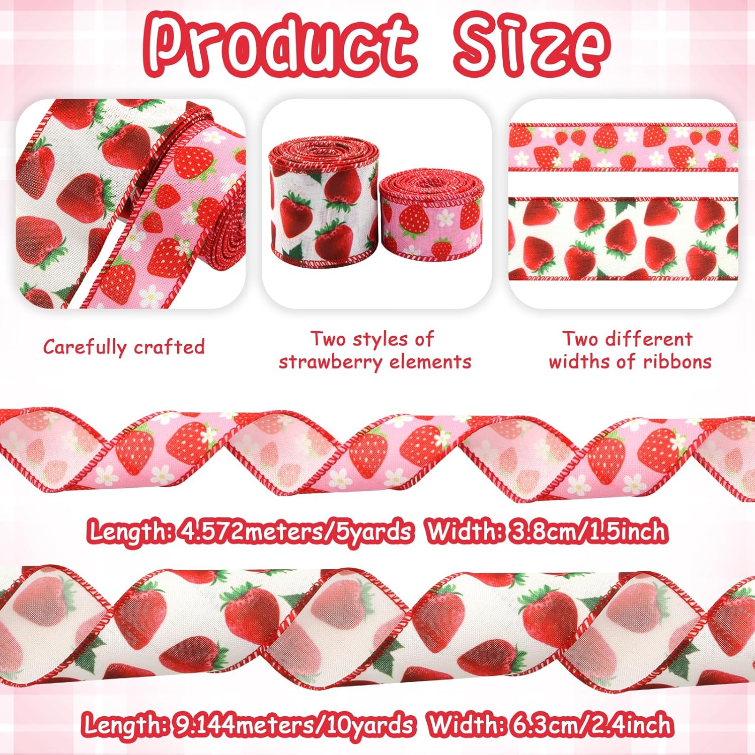 Strawberry Wired Ribbon 2Rolls - 10Yards, Red and White Strawberry Fabric Ribbon Roll Fruit Theme for Baby Shower, Gift Wrapping, Spring Summer Party Wreaths, DIY Crafts, Trims, Hair Bow Making - Image 2