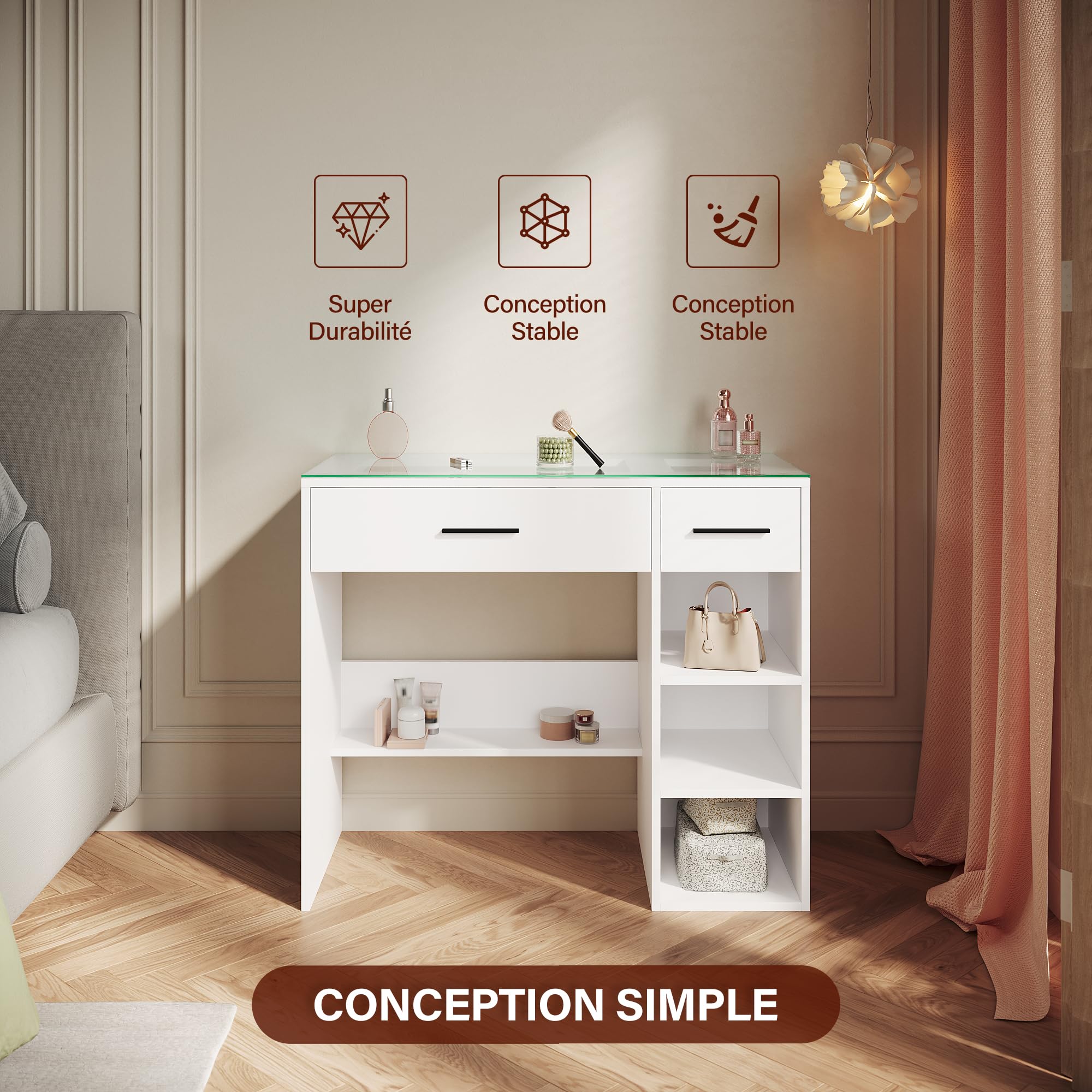 SIRHONA Coiffeuse Contemporaine en Bois Blanc, 90x40x77cm, avec Vitre en Verre Transparente, 2 Tiroirs et Étagère, Table de Maquillage sans Miroir